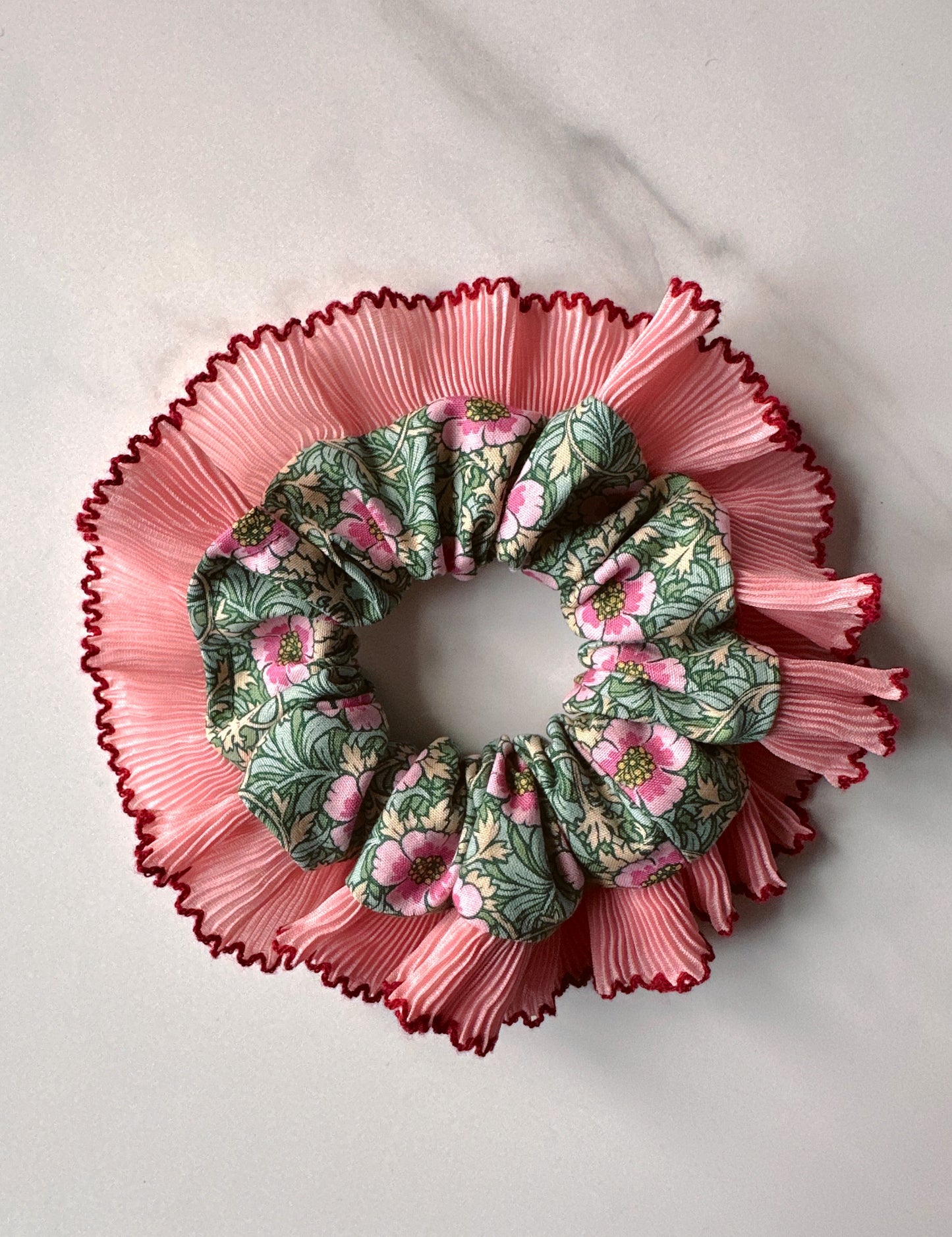 XL Floral Scrunchie with Pink and Red Frill Trim