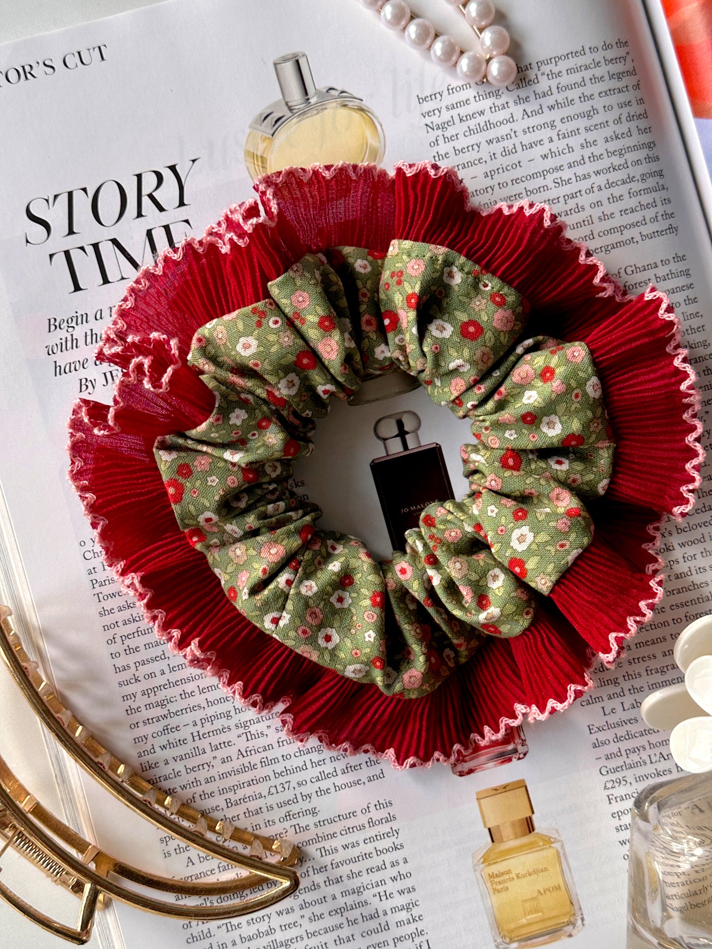 Handmade XL Dark Green Ditsy Floral Scrunchie with Red Frill Trim