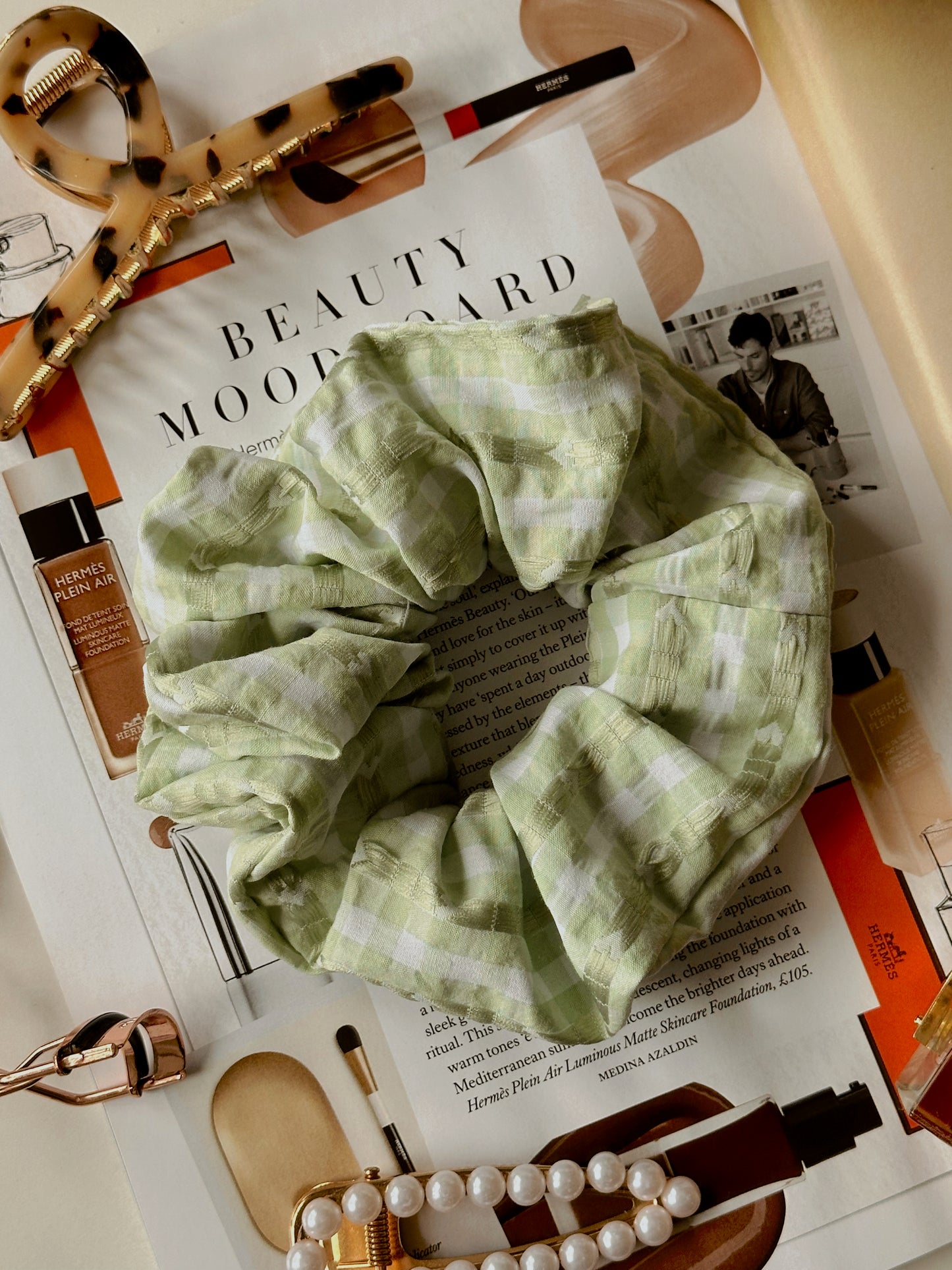 Valentines Pale Green Gingham and Heart Print Scrunchie