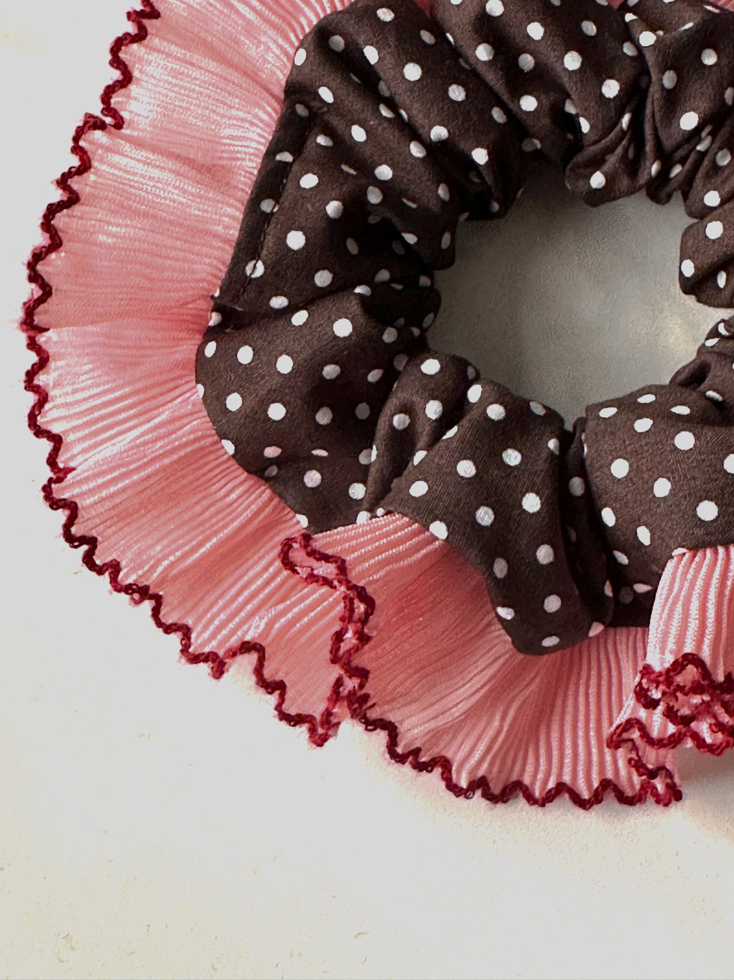 Oversized Dark Brown Polkadot Scrunchie with Pink Frill Trim