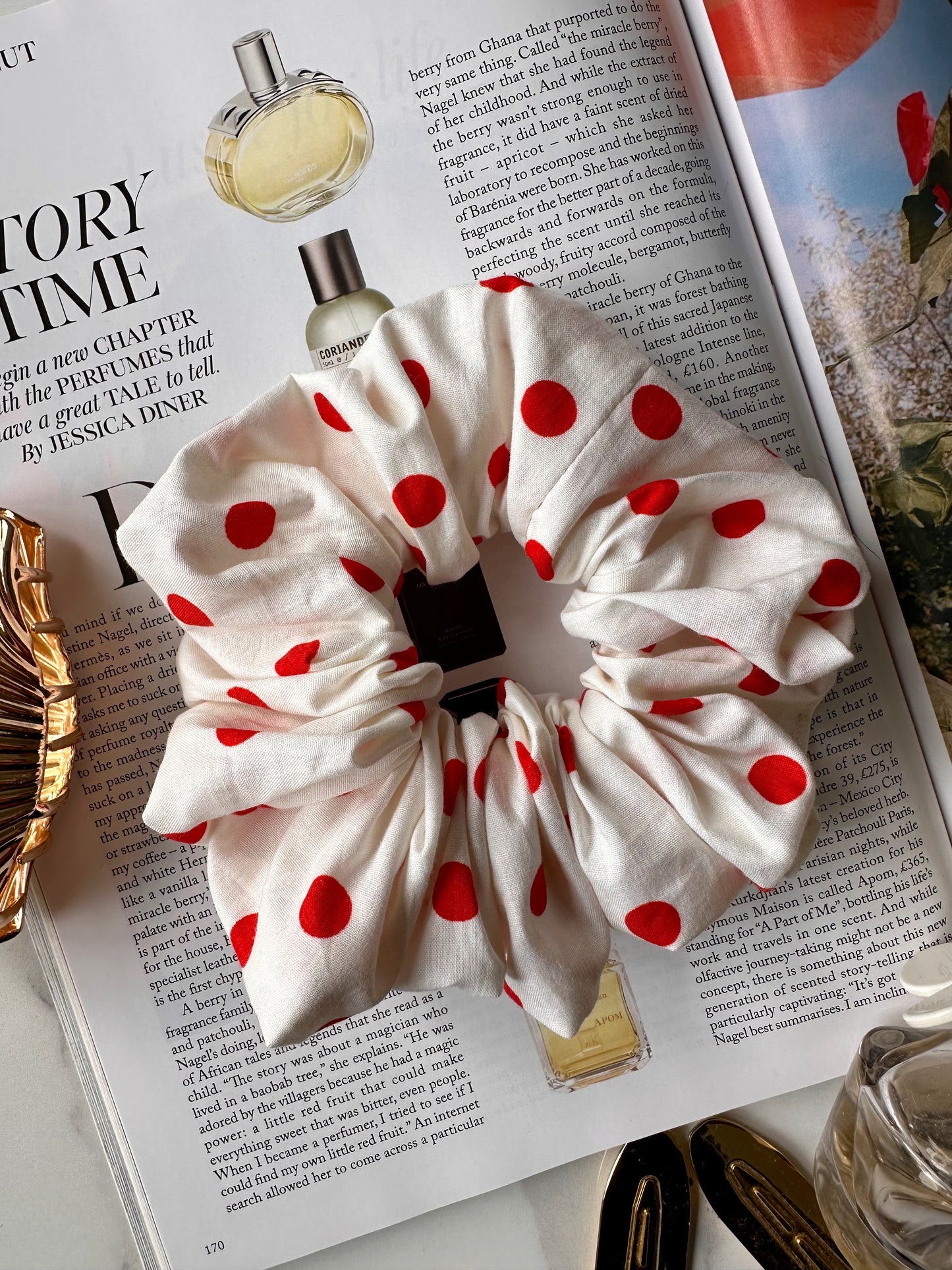 White and Red Polkadot Scrunchie