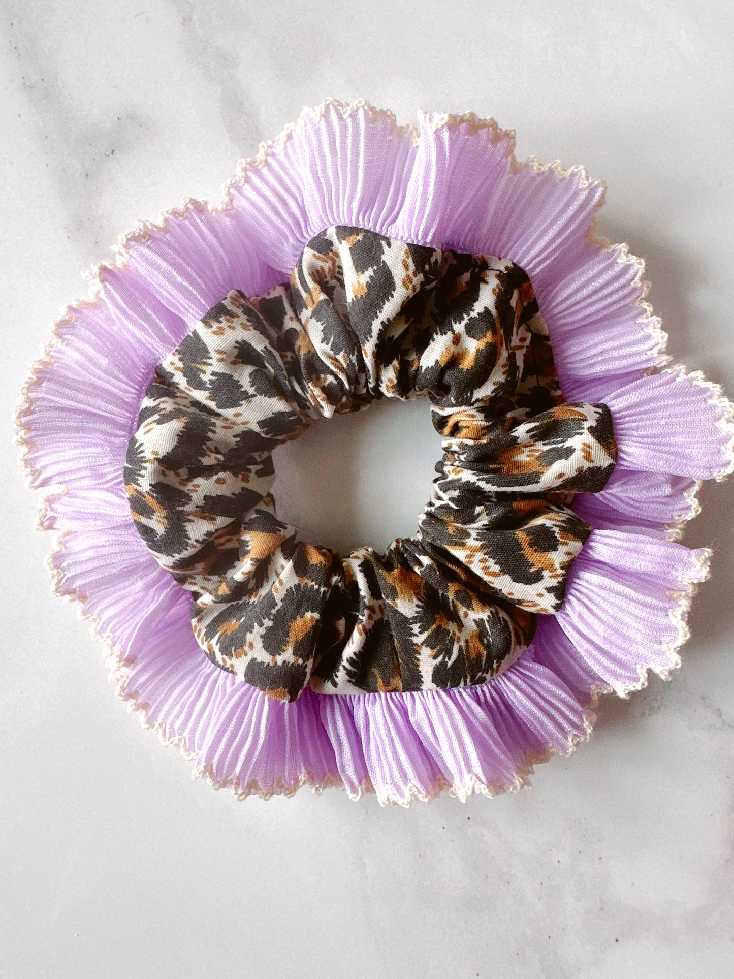 Mini Oversized Leopard Print Scrunchie with a Purple Frill Trim