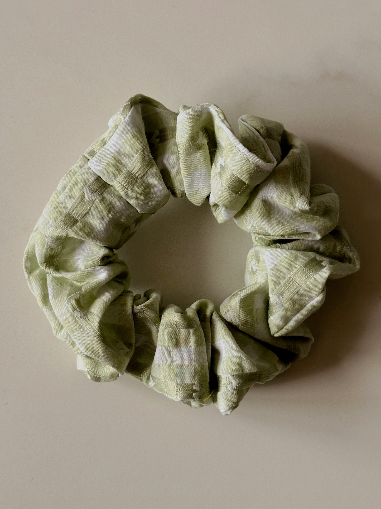 Valentines Pale Green Gingham and Heart Print Scrunchie