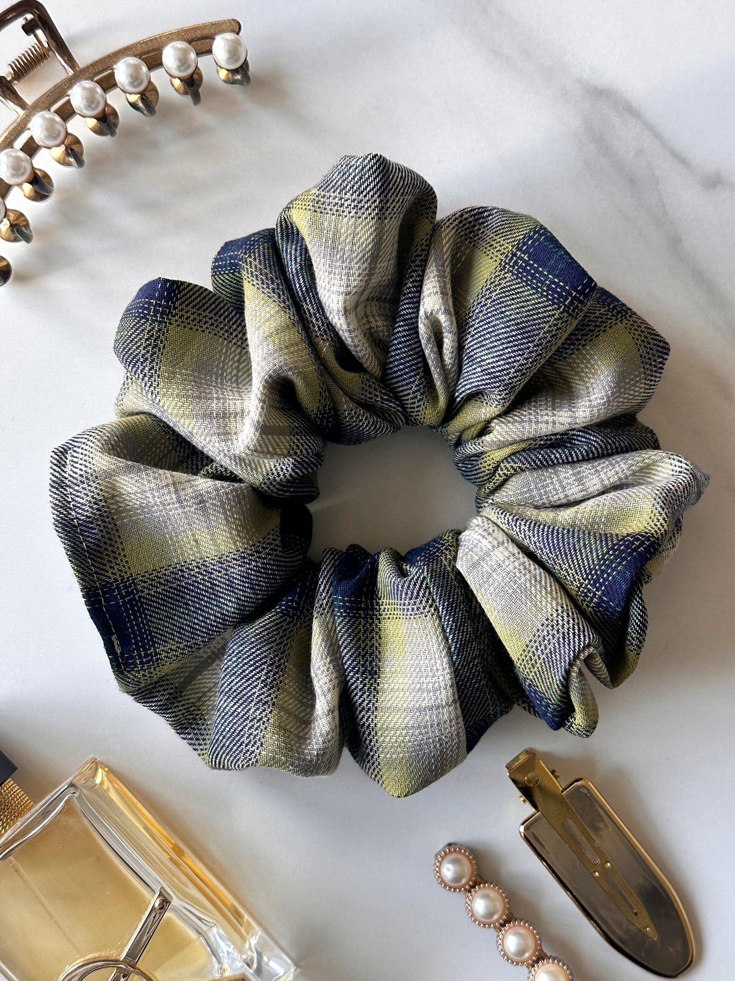XL Green and Navy Tartan Scrunchie