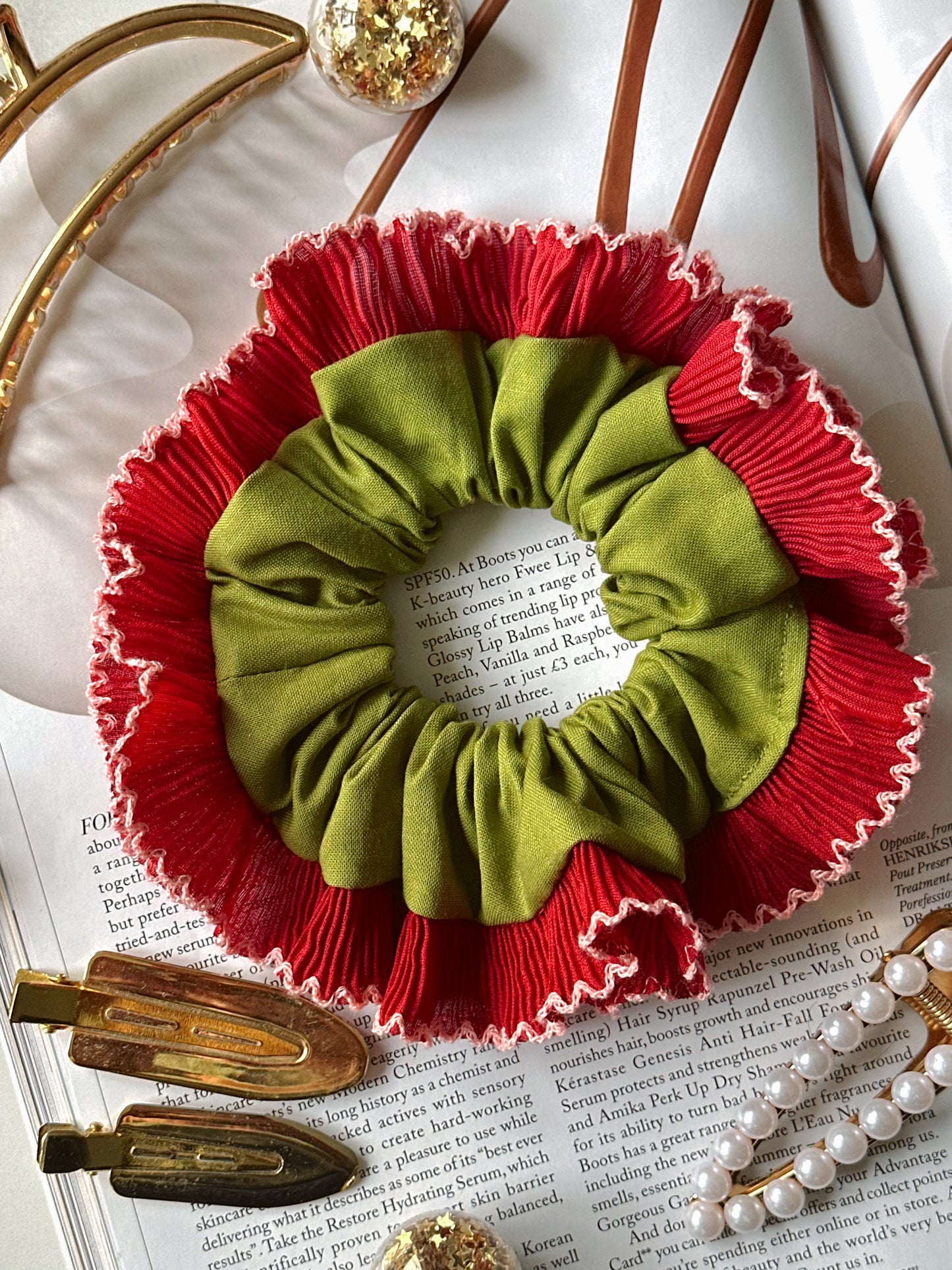 Handmade XL Olive Green Scrunchie with Red Frill Trim