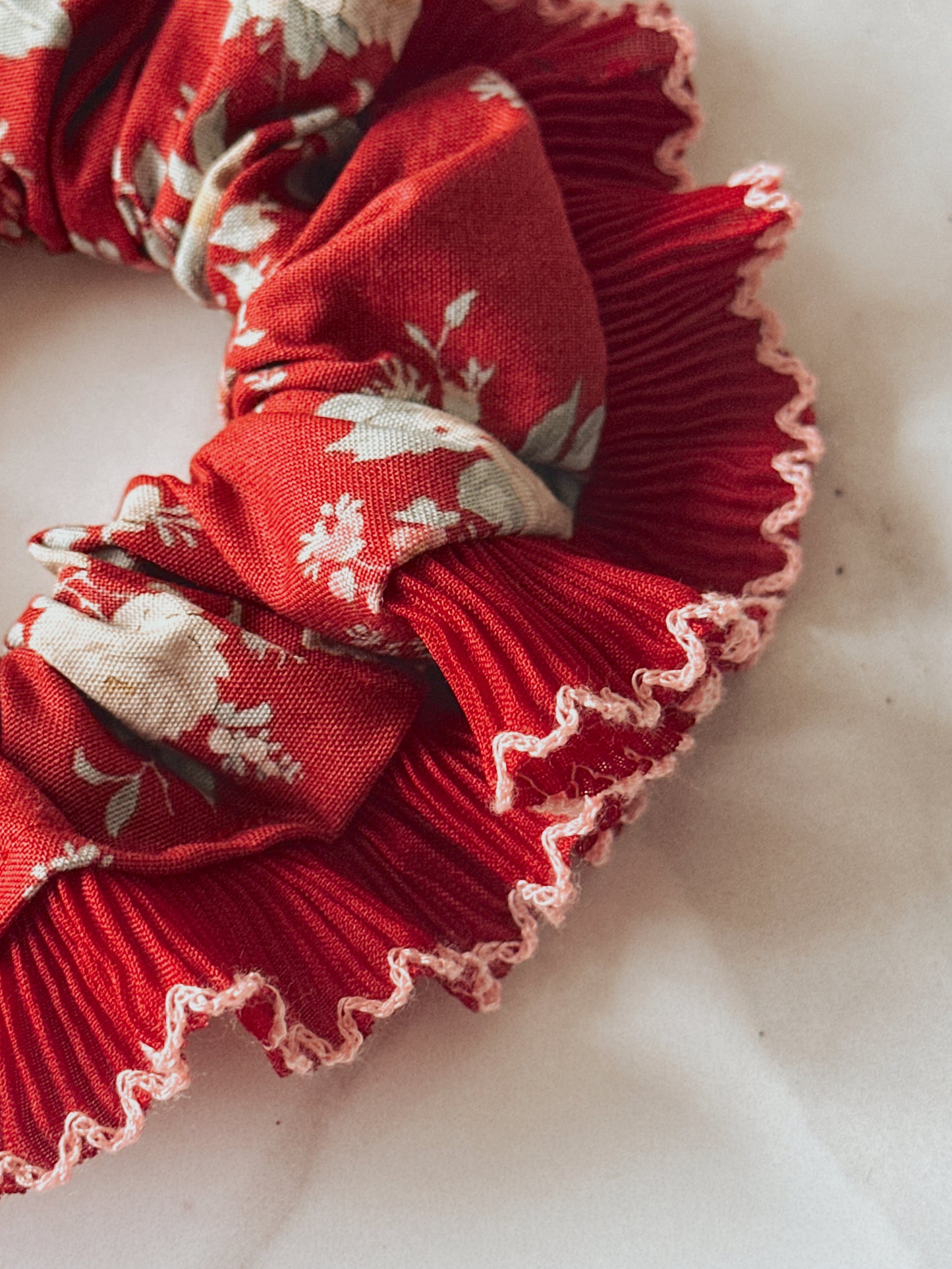 Red Floral Scrunchie with Red and Pink Frill Trim