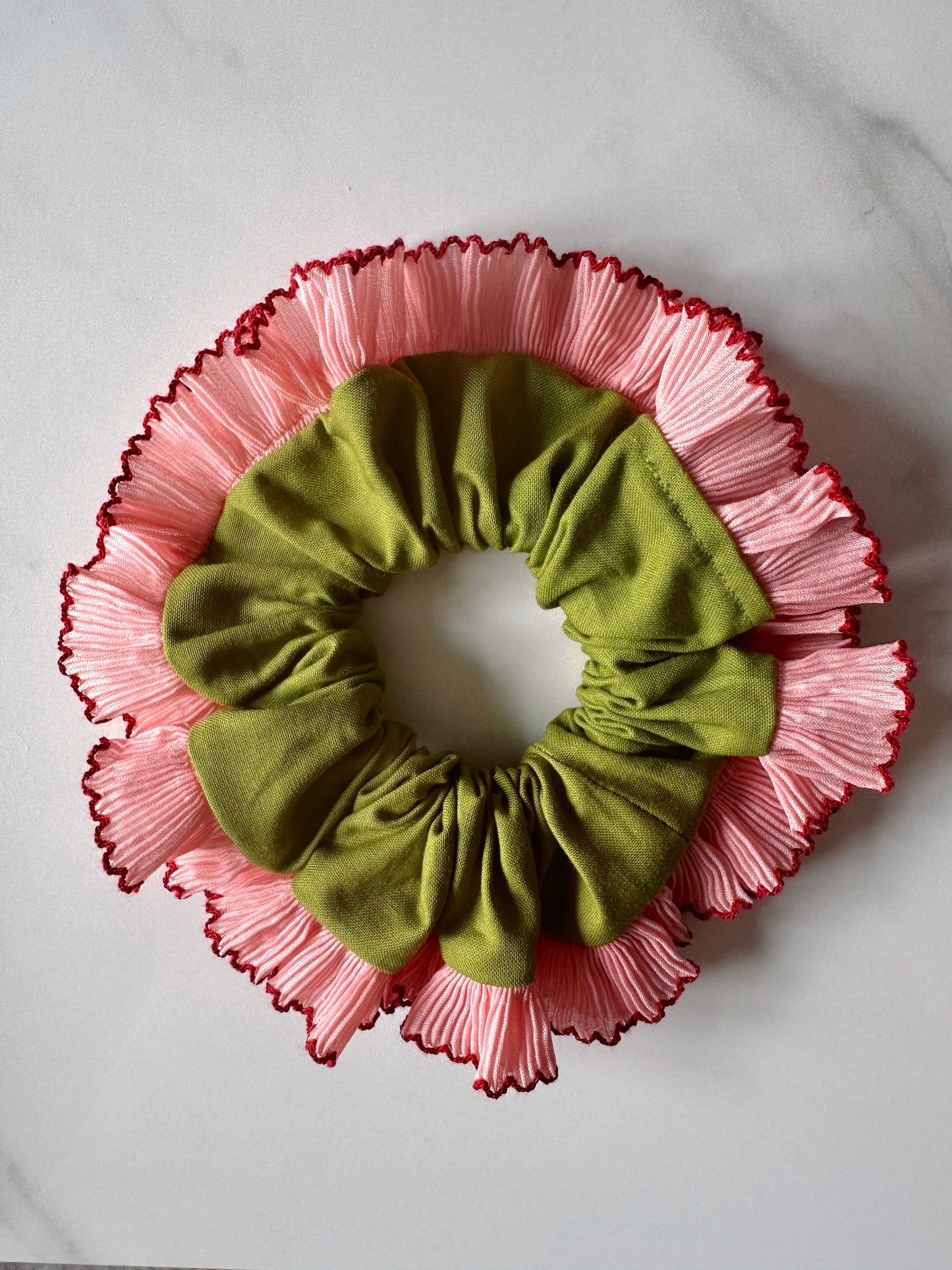Handmade XL Olive Green Scrunchie with Pink Frill Trim