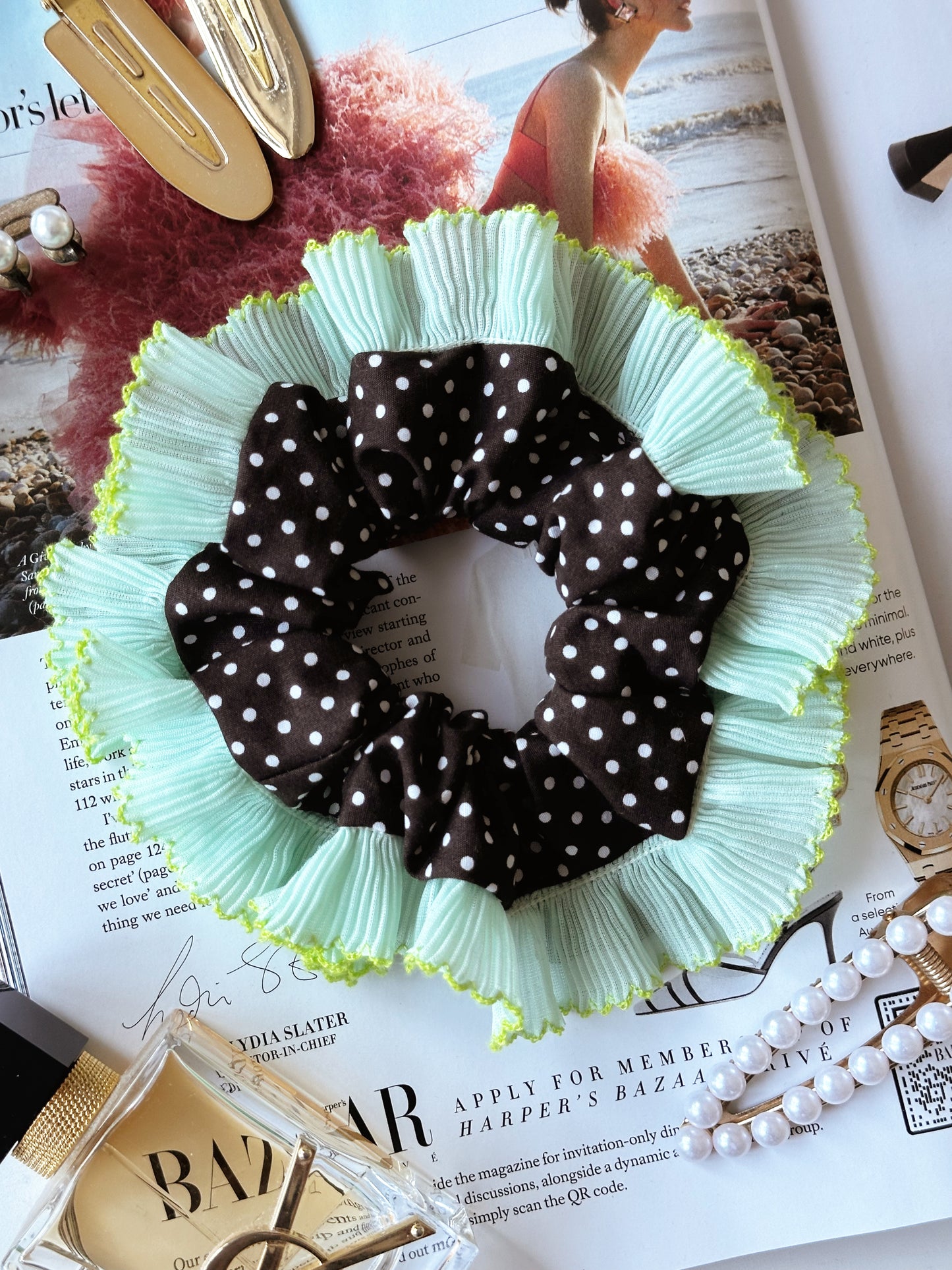 Oversized Dark Brown Polkadot Scrunchie with Green Frill Trim