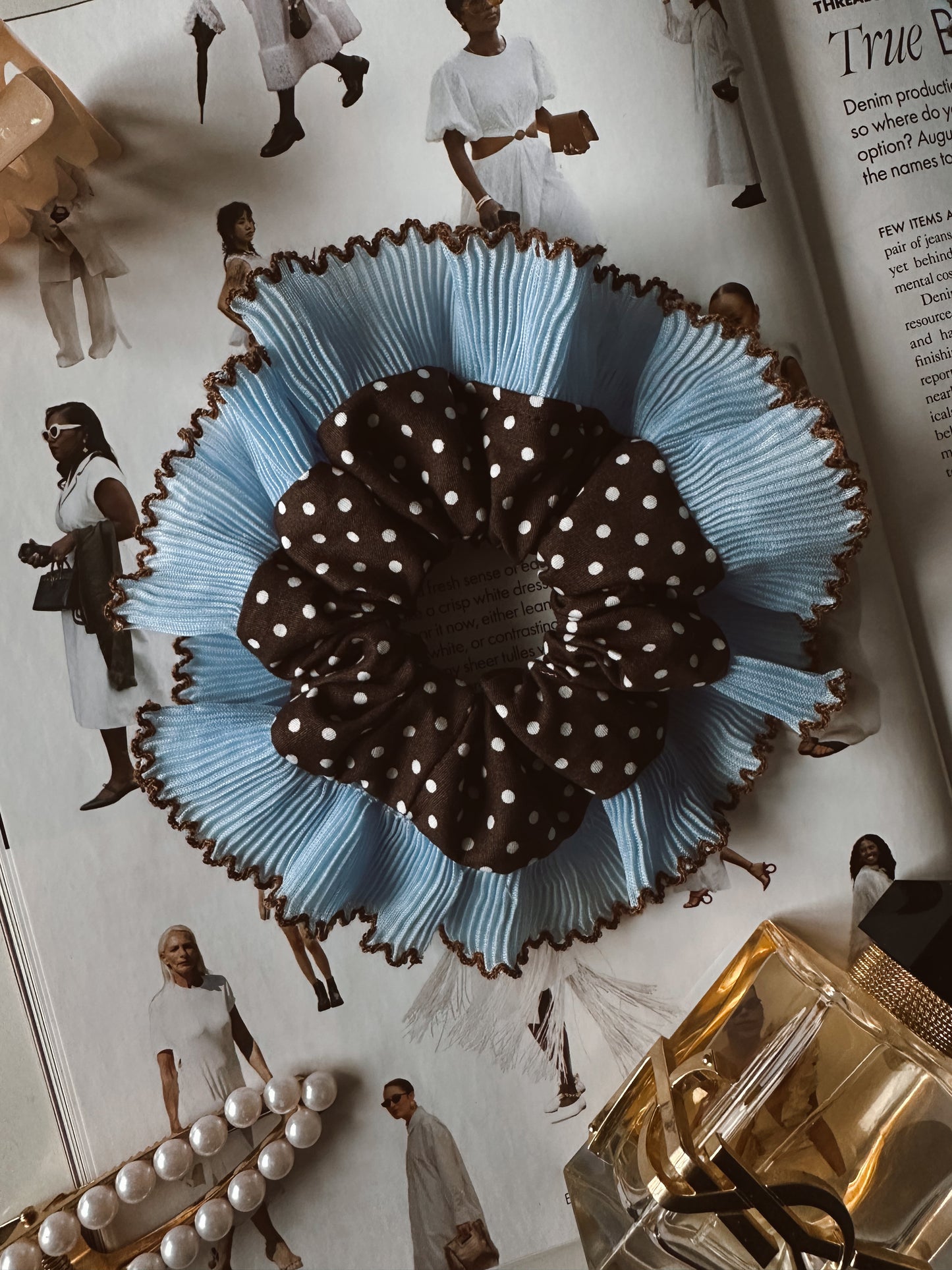 Oversized Dark Brown Polkadot Scrunchie with Baby Blue Frill Trim