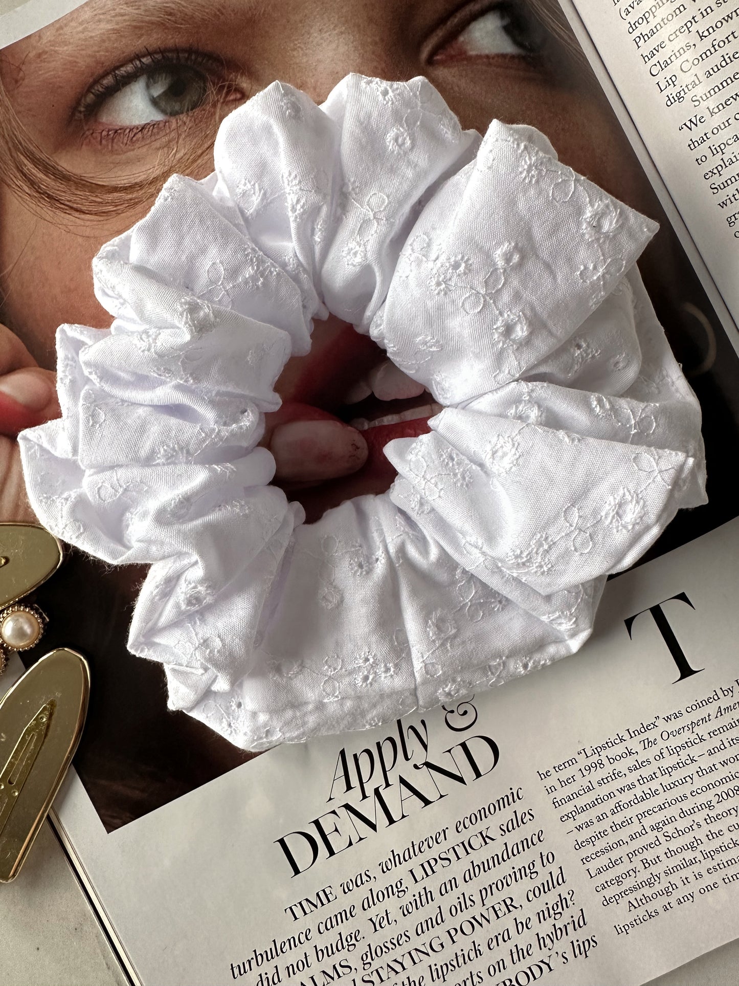 Handmade White Embroidered Scrunchie