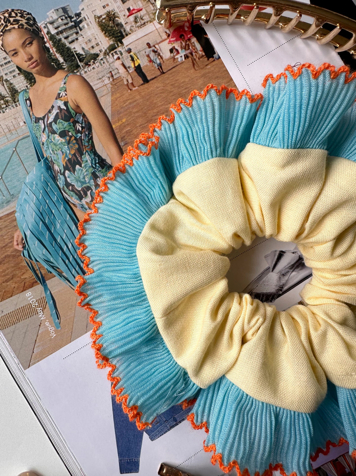 Mini Oversized Butter Yellow Scrunchie with Blue Frill Trim