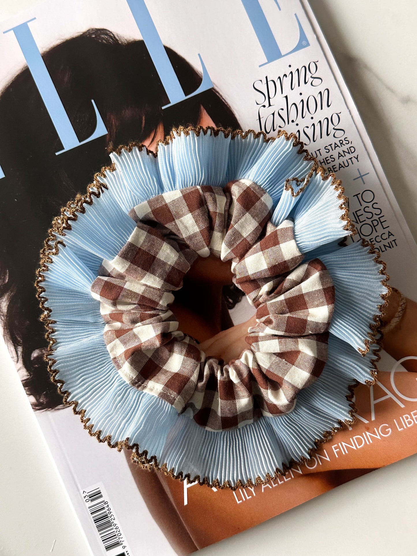 Handmade XL Brown Gingham Scrunchie with Blue and Brown Frill Trim