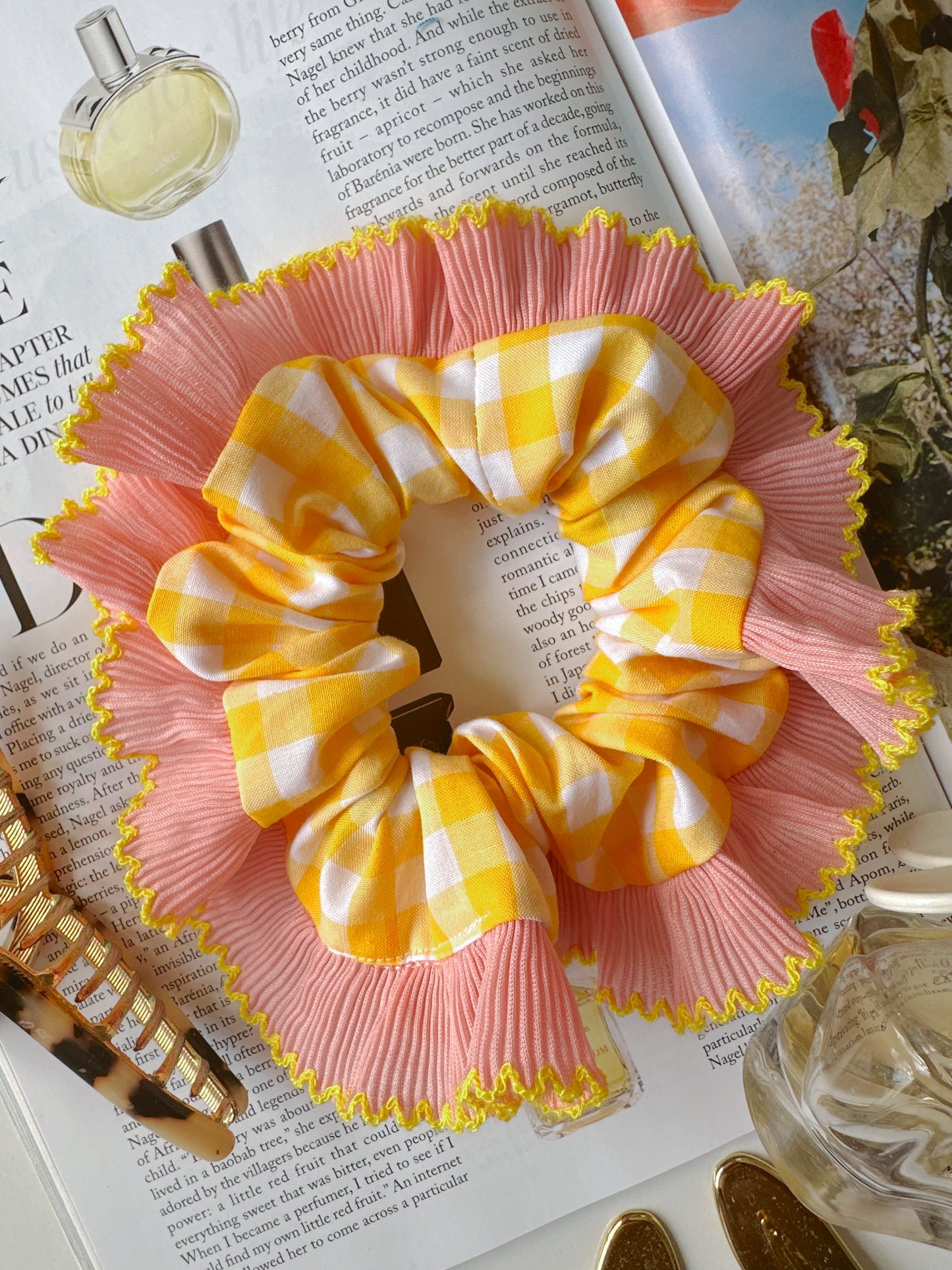 Handmade XL Yellow Gingham Scrunchie with Pink and Yellow Frill Trim