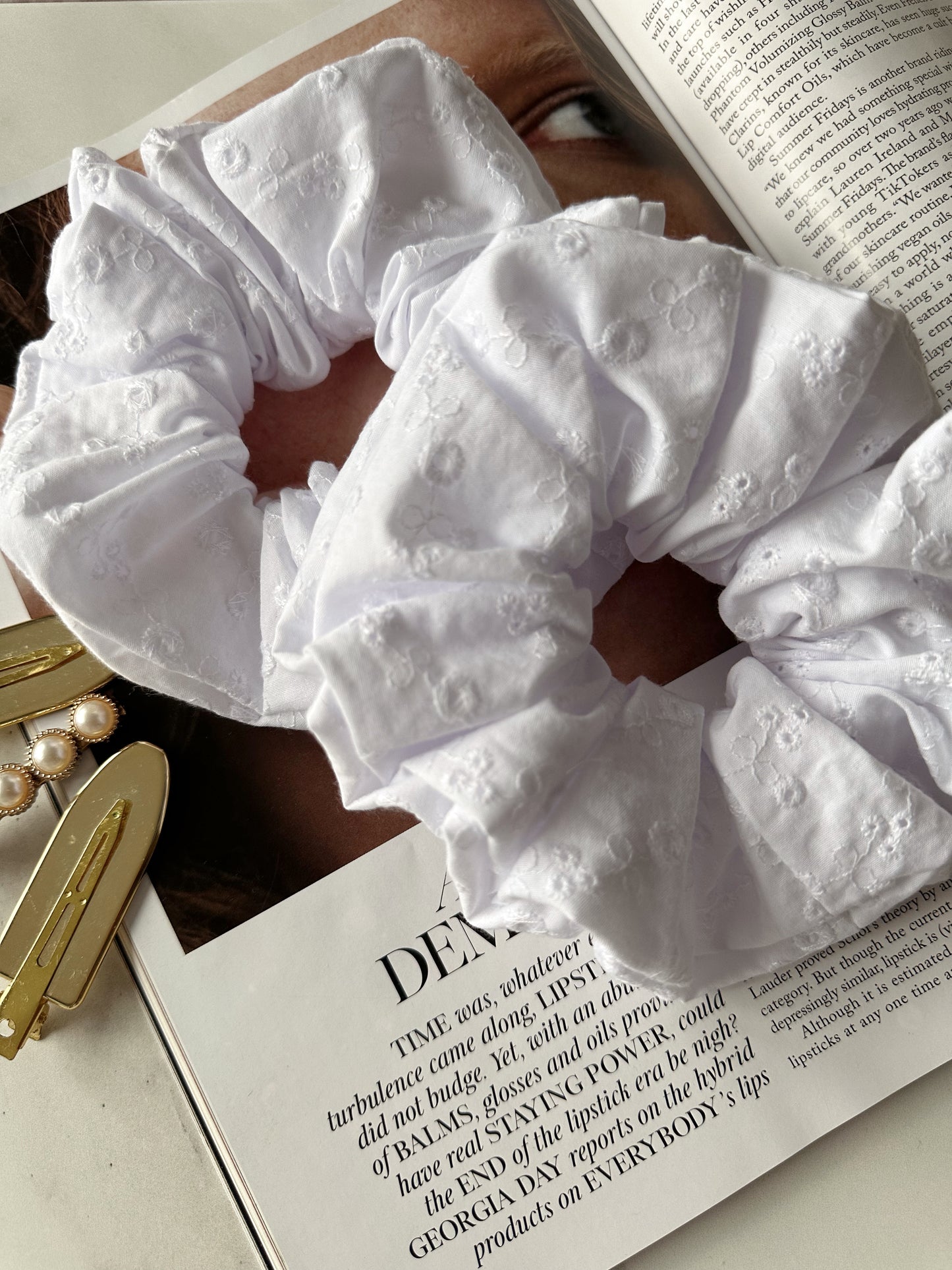 Handmade White Embroidered Scrunchie