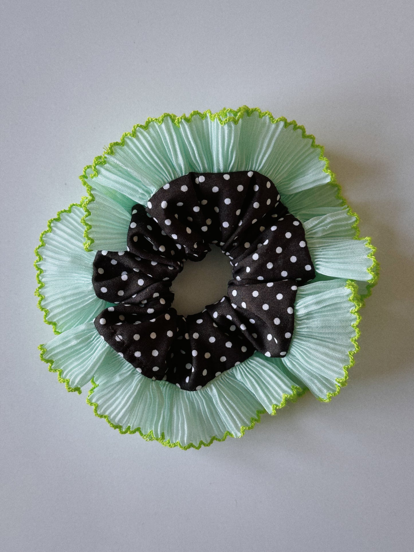 Oversized Dark Brown Polkadot Scrunchie with Green Frill Trim