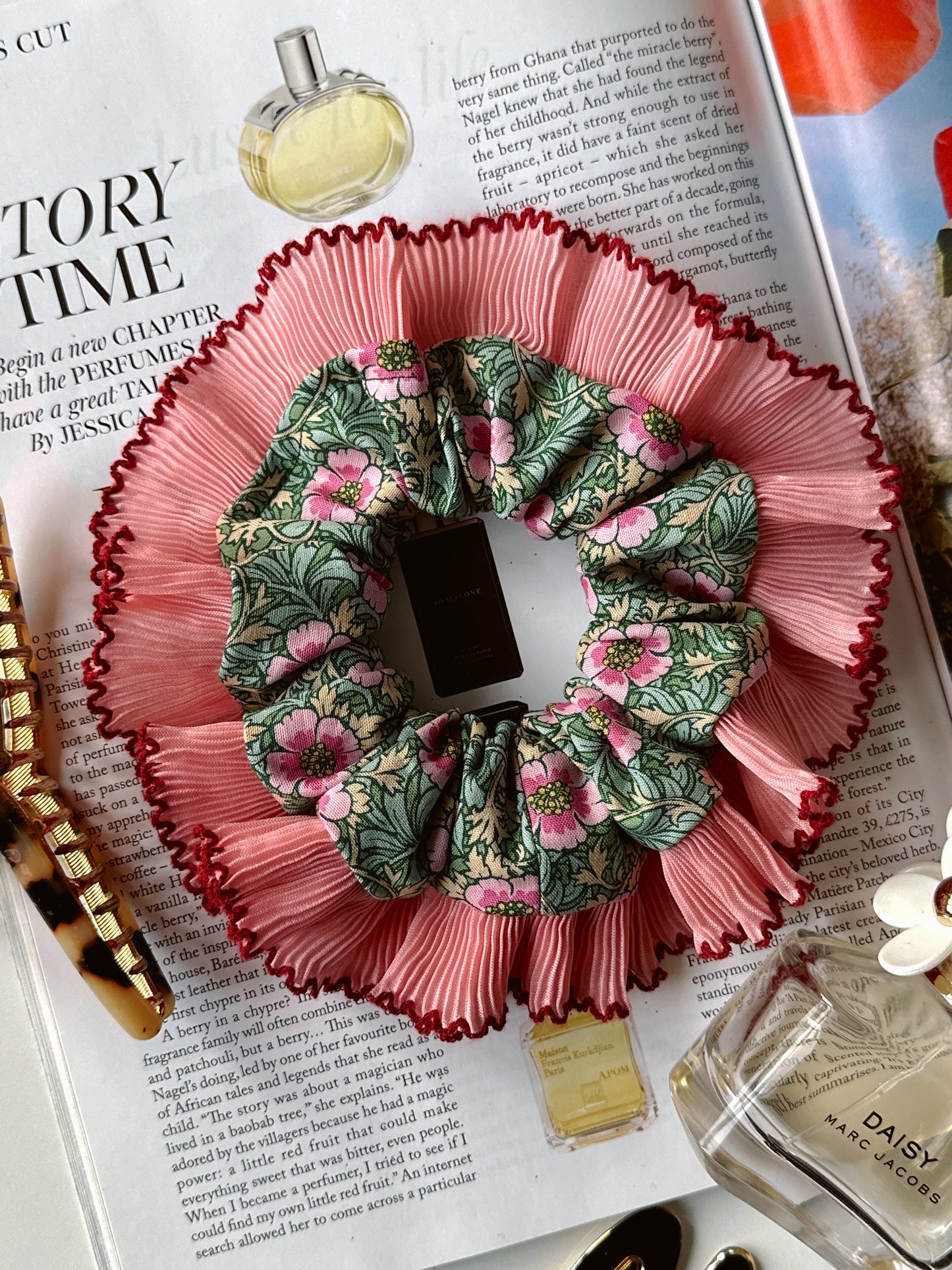 XL Floral Scrunchie with Pink and Red Frill Trim