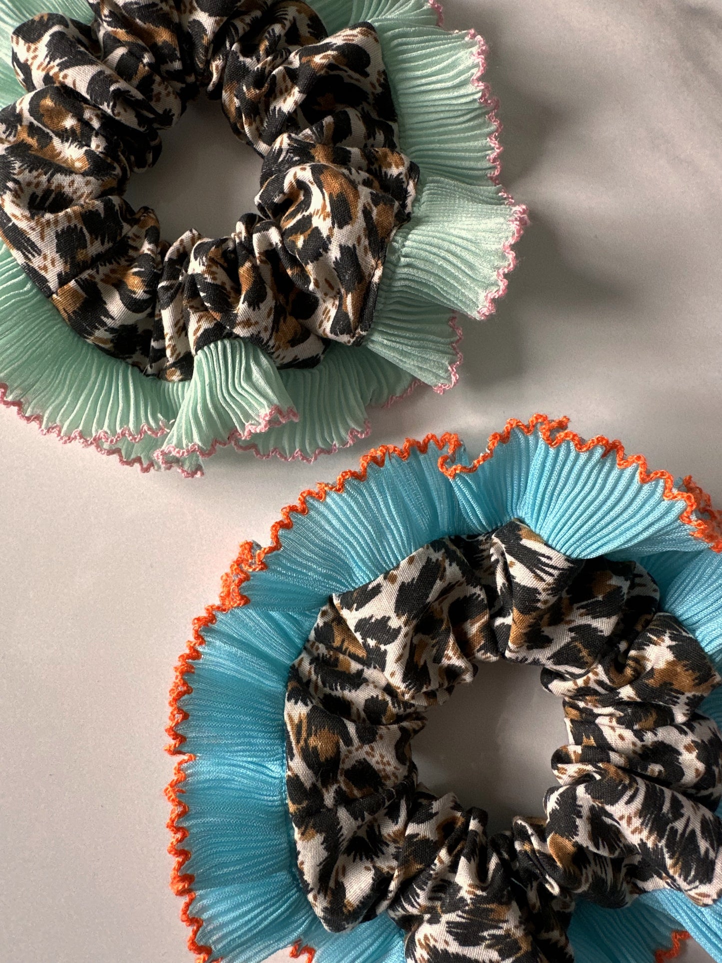 Mini Oversized Leopard Print Scrunchie with a Blue Frill Trim