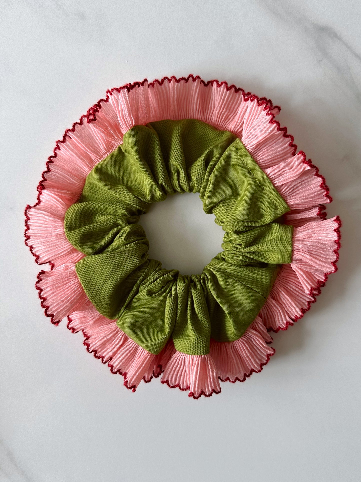 Handmade XL Olive Green Scrunchie with Pink Frill Trim
