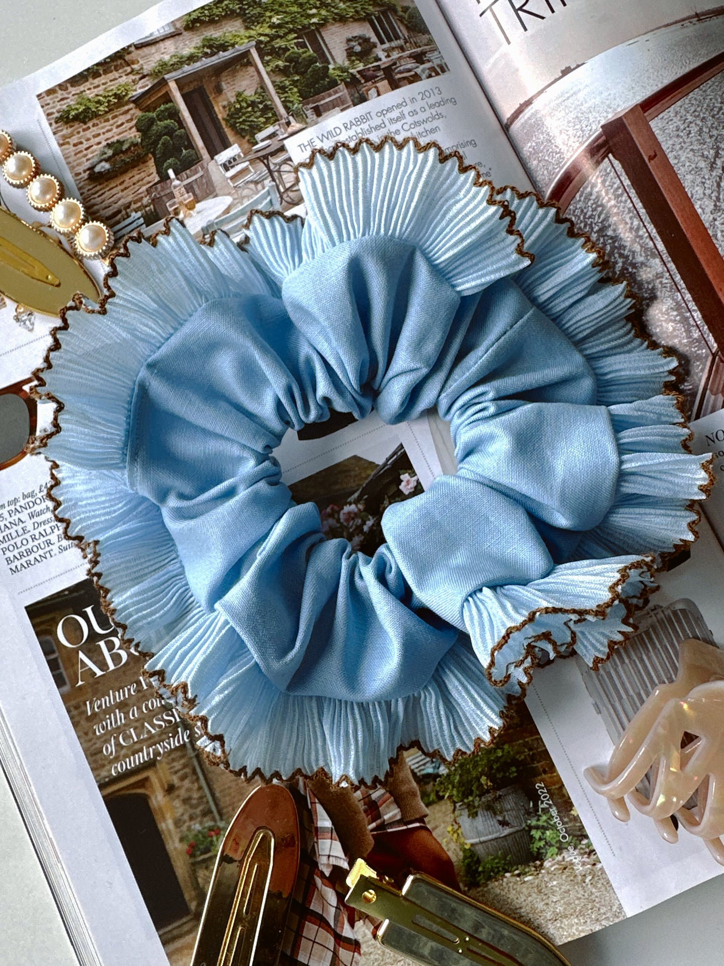 Handmade XL Light Blue Ruffle Scrunchie with Brown Trim