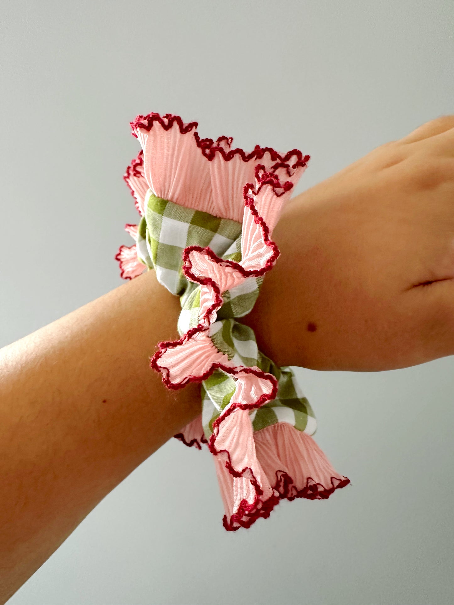 Handmade XL Olive Green Gingham Scrunchie with Pink Frill Trim