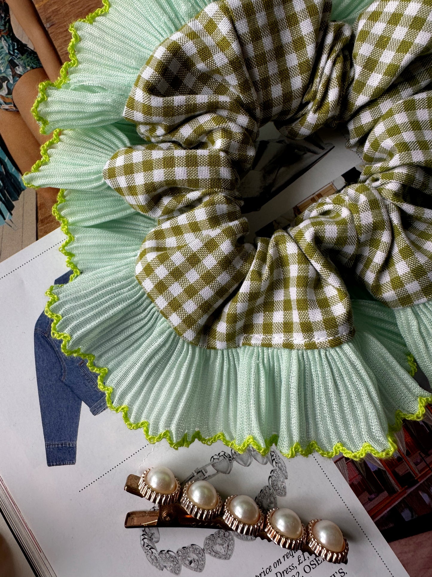 Mini Oversized Olive Green Gingham Scrunchie with Green Frill Trim