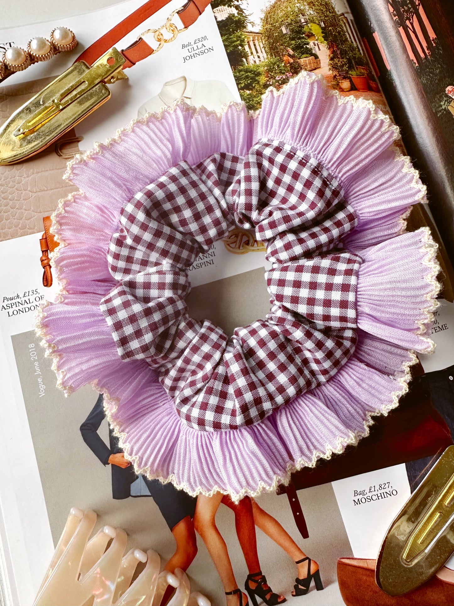 Mini Mulberry Gingham Scrunchie with Purple Frill Trim