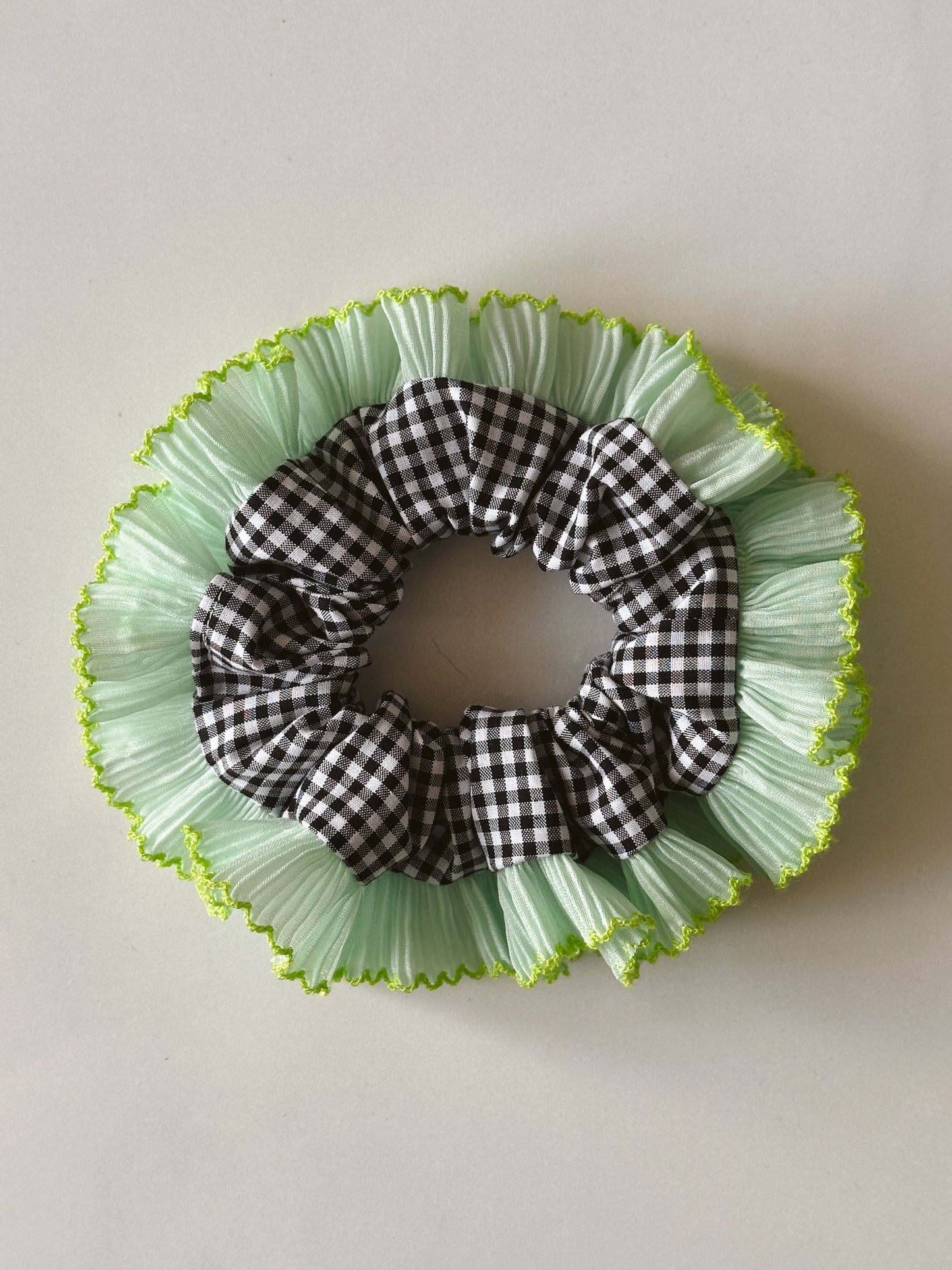 Black Gingham Scrunchie with Mint Green Frill Trim