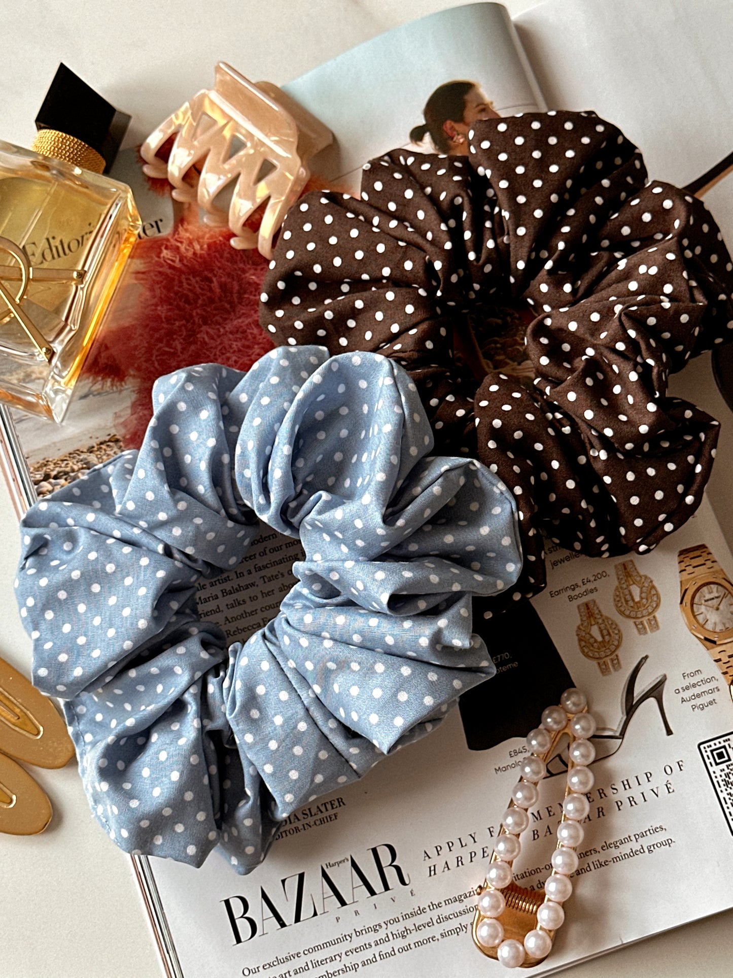 Baby Blue Polkadot & Brown Polkadot Scrunchie Duo