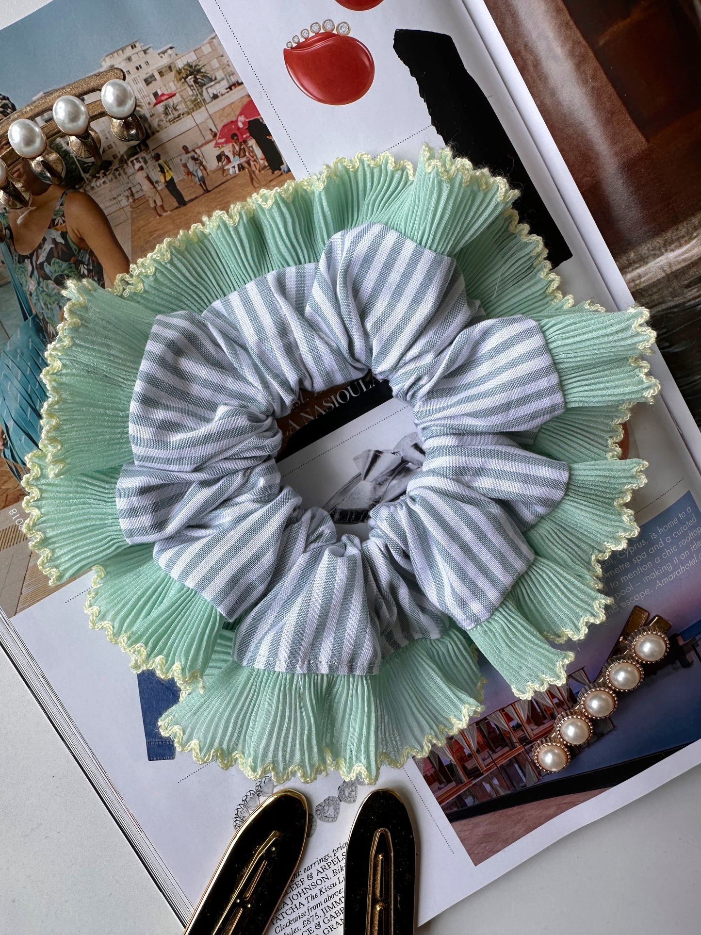 Blue Striped Scrunchie with Green and White Frill Trim
