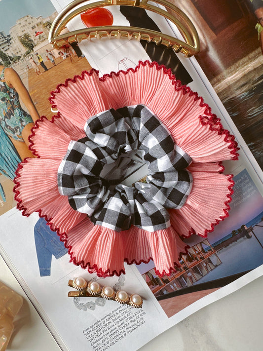 Mini Oversized Black Gingham Scrunchie with Pink Frill Trim