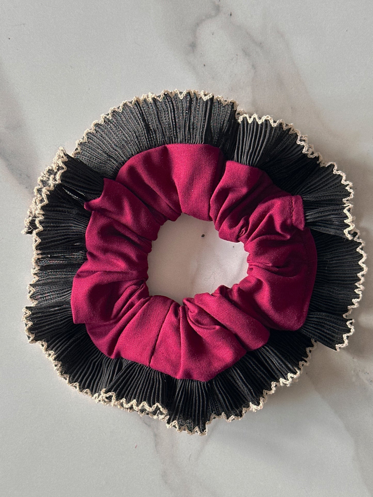 Handmade XL Dark Purple Scrunchie with Black Frill Trim
