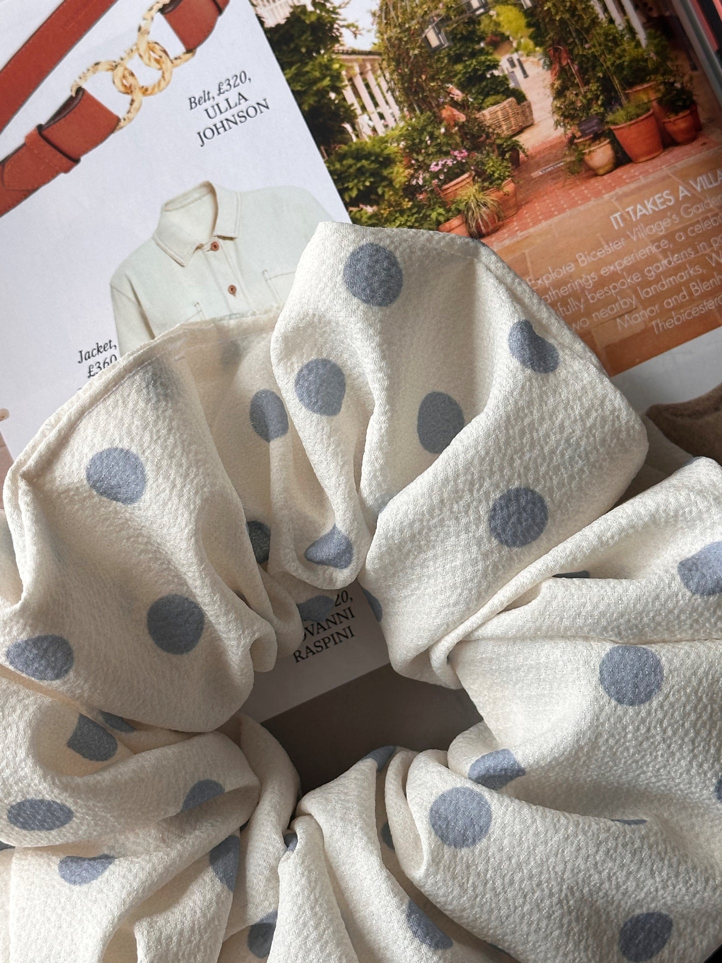 XL White and Light Blue Polkadot Scrunchie