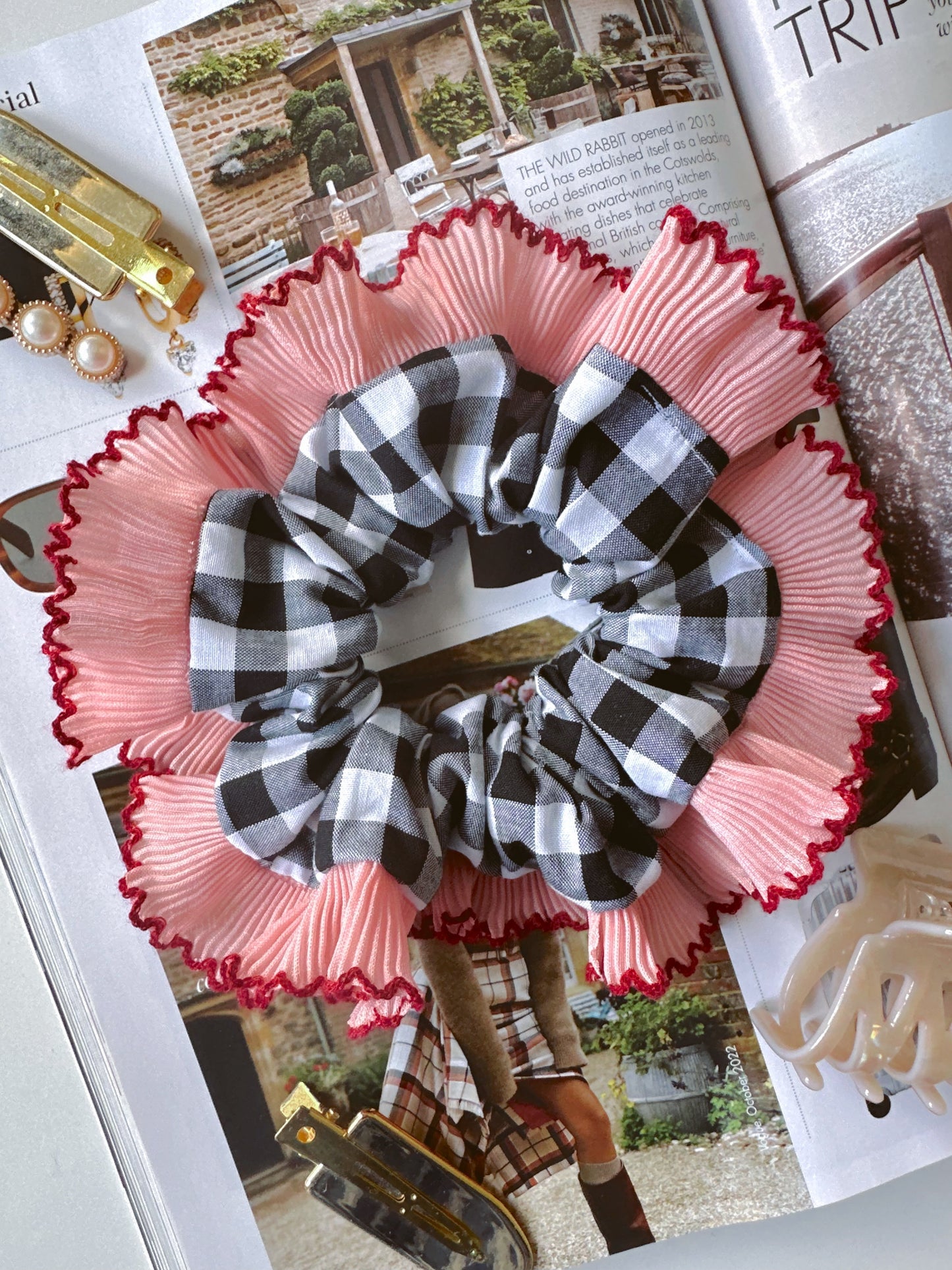 Handmade XL Black Gingham Scrunchie with Pink and Red Frill Trim