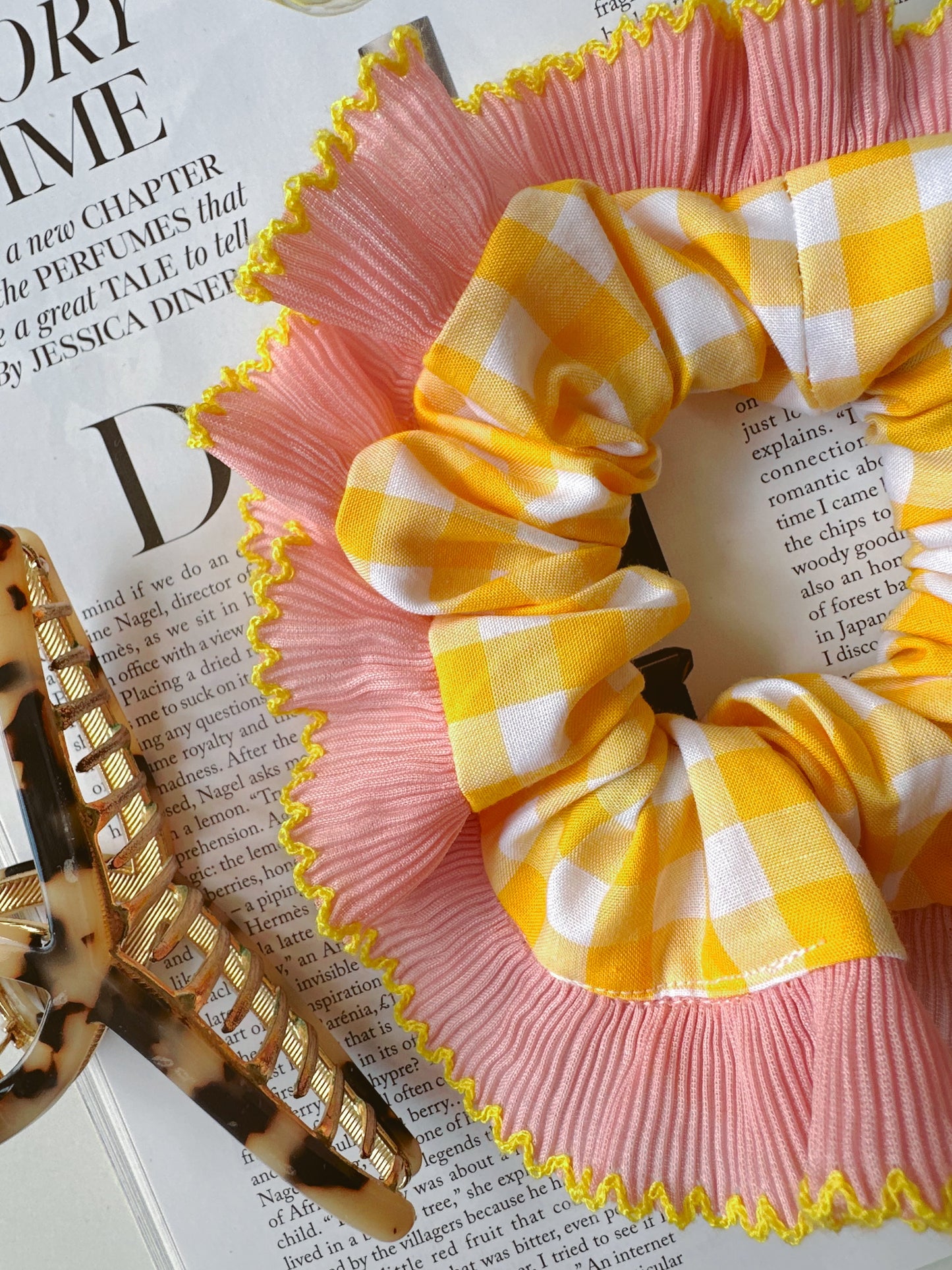 Handmade XL Yellow Gingham Scrunchie with Pink and Yellow Frill Trim