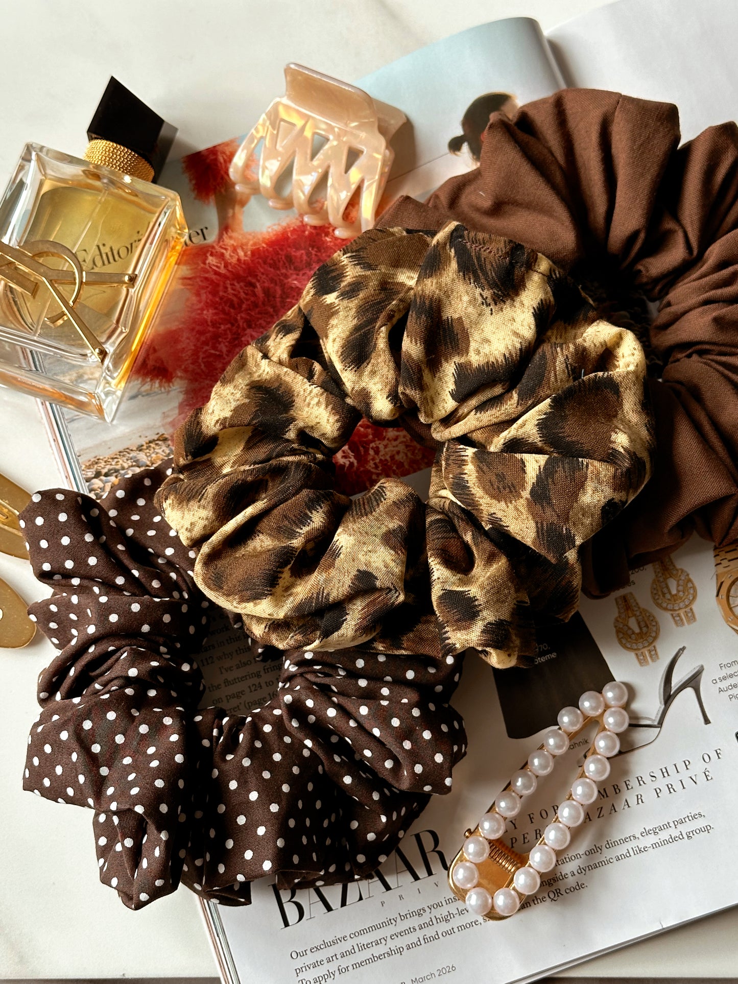 Chocolate & Leopard Print Scrunchie Trio