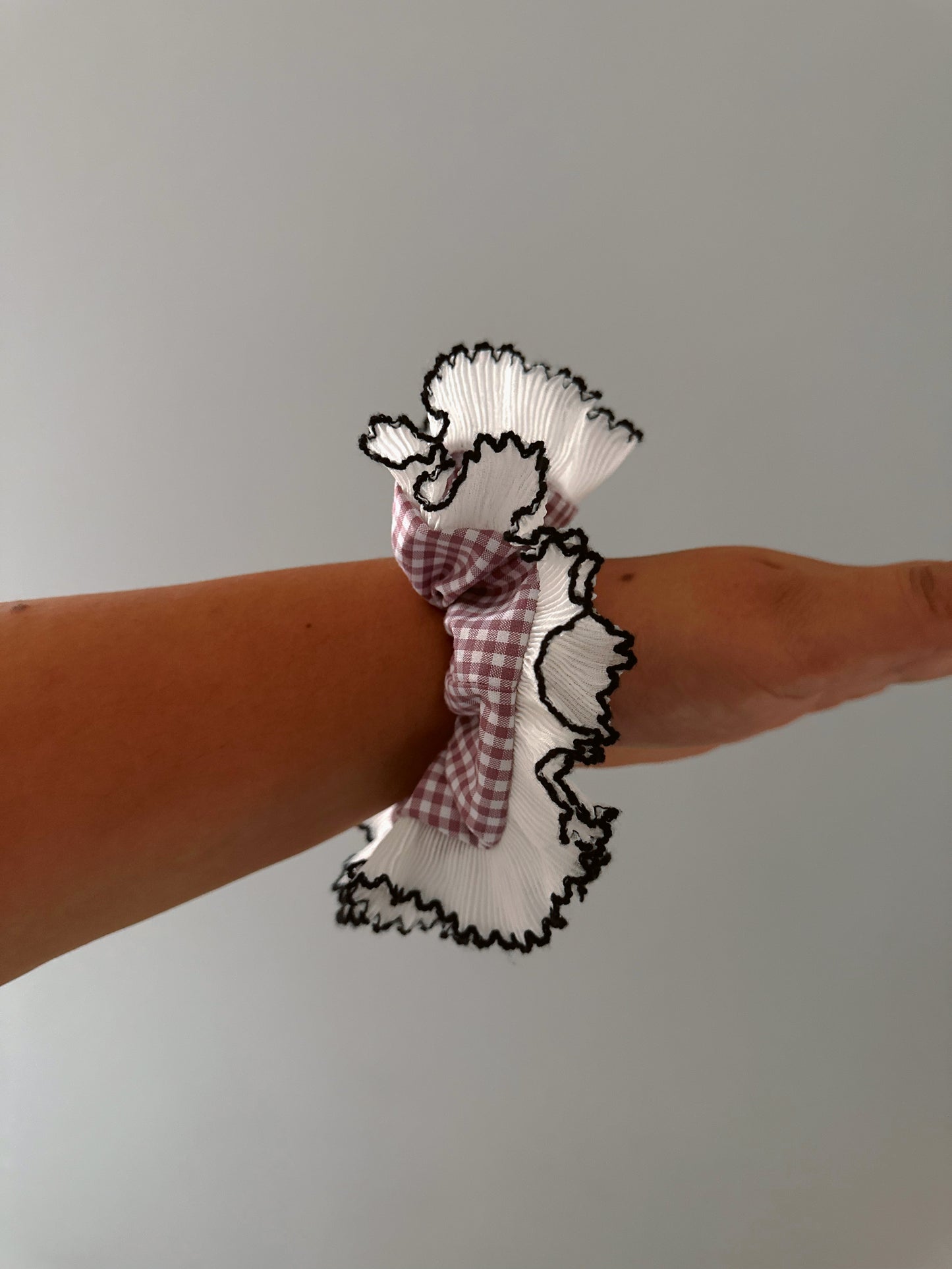 Handmade XL Rose Gingham Scrunchie with White and Black Frill Trim