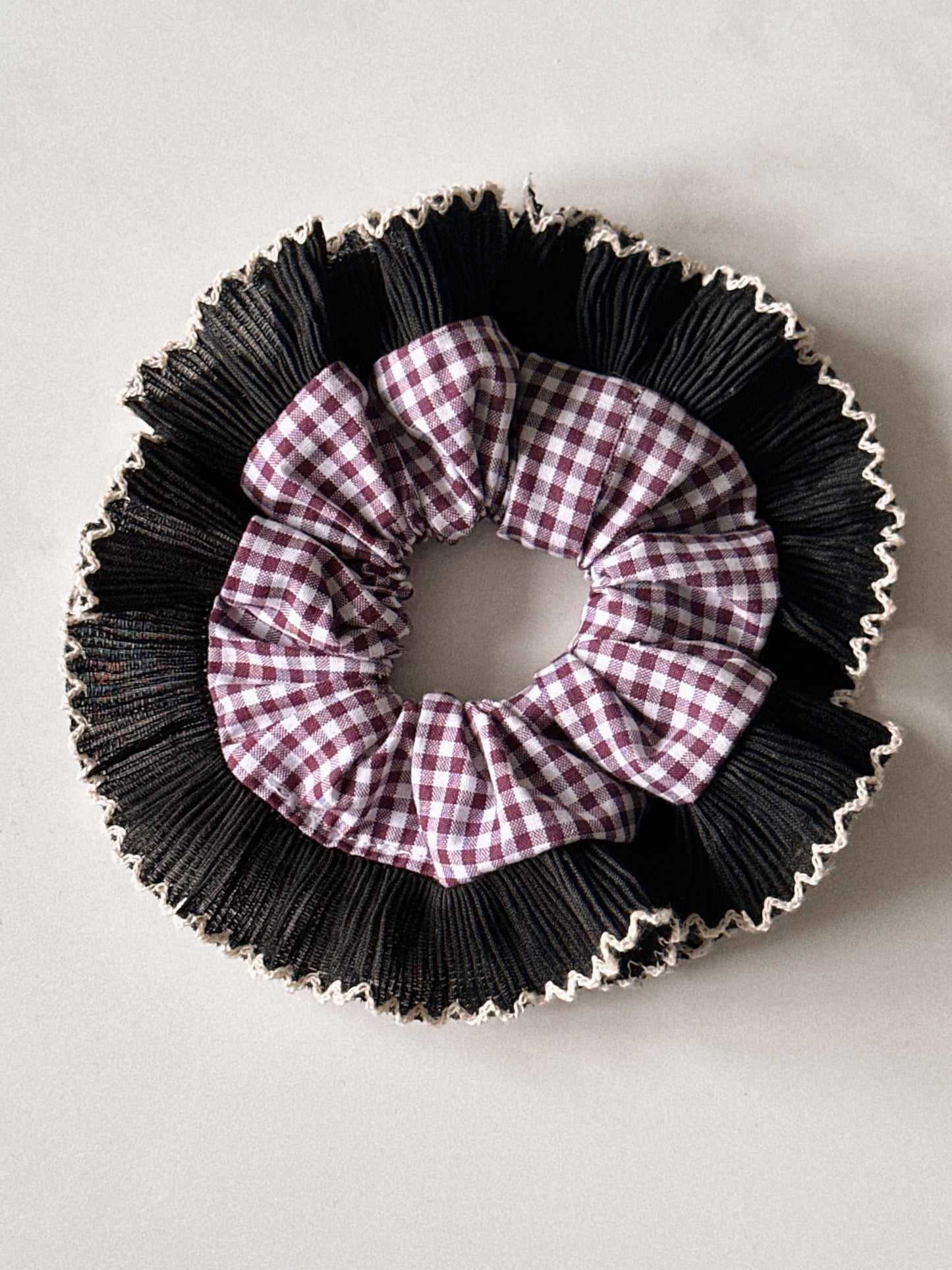 Smaller Mulberry Gingham Scrunchie with Black Frill Trim