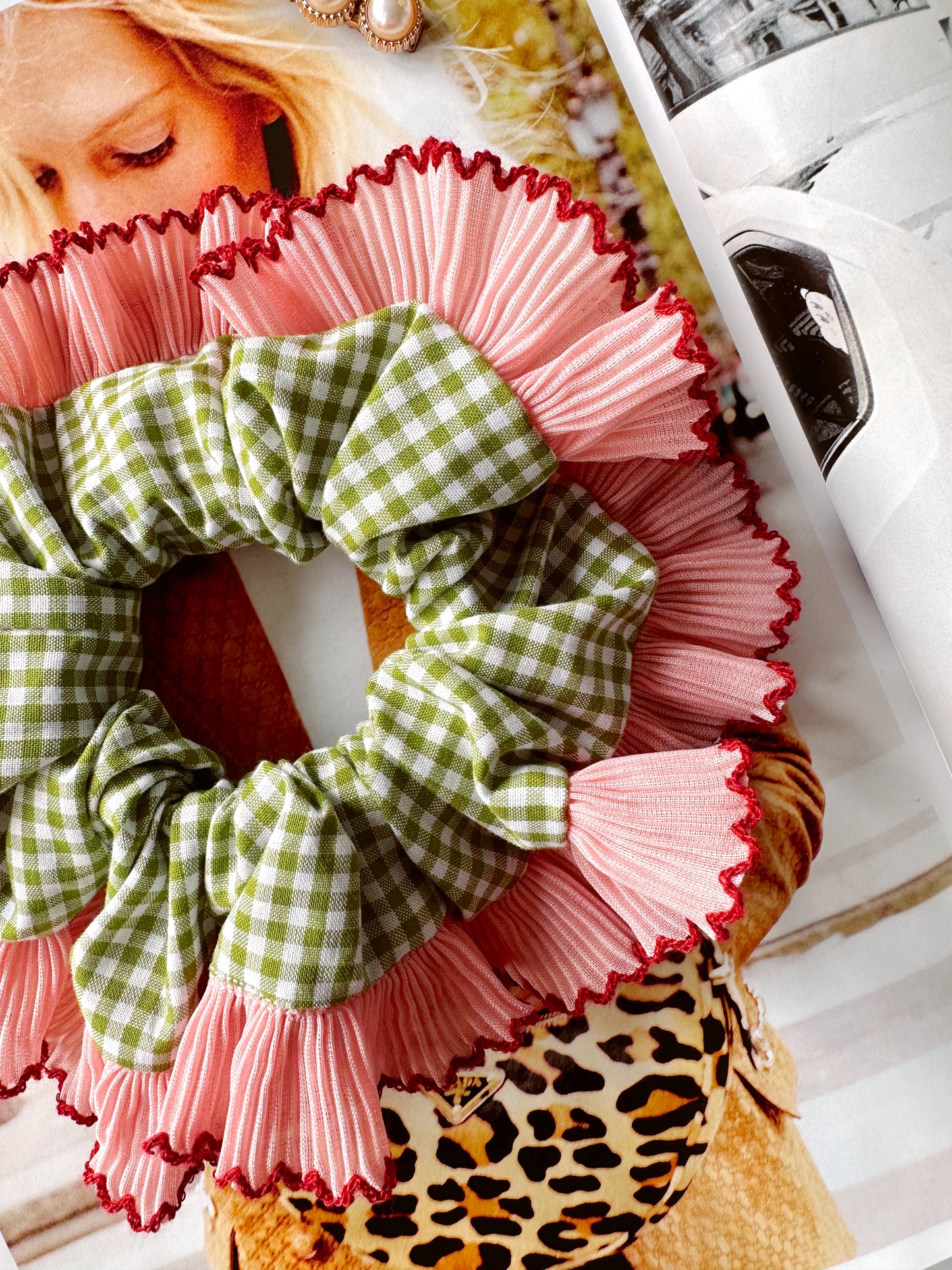 Handmade XL Olive Green Gingham Scrunchie with Pink and Red Frill Trim