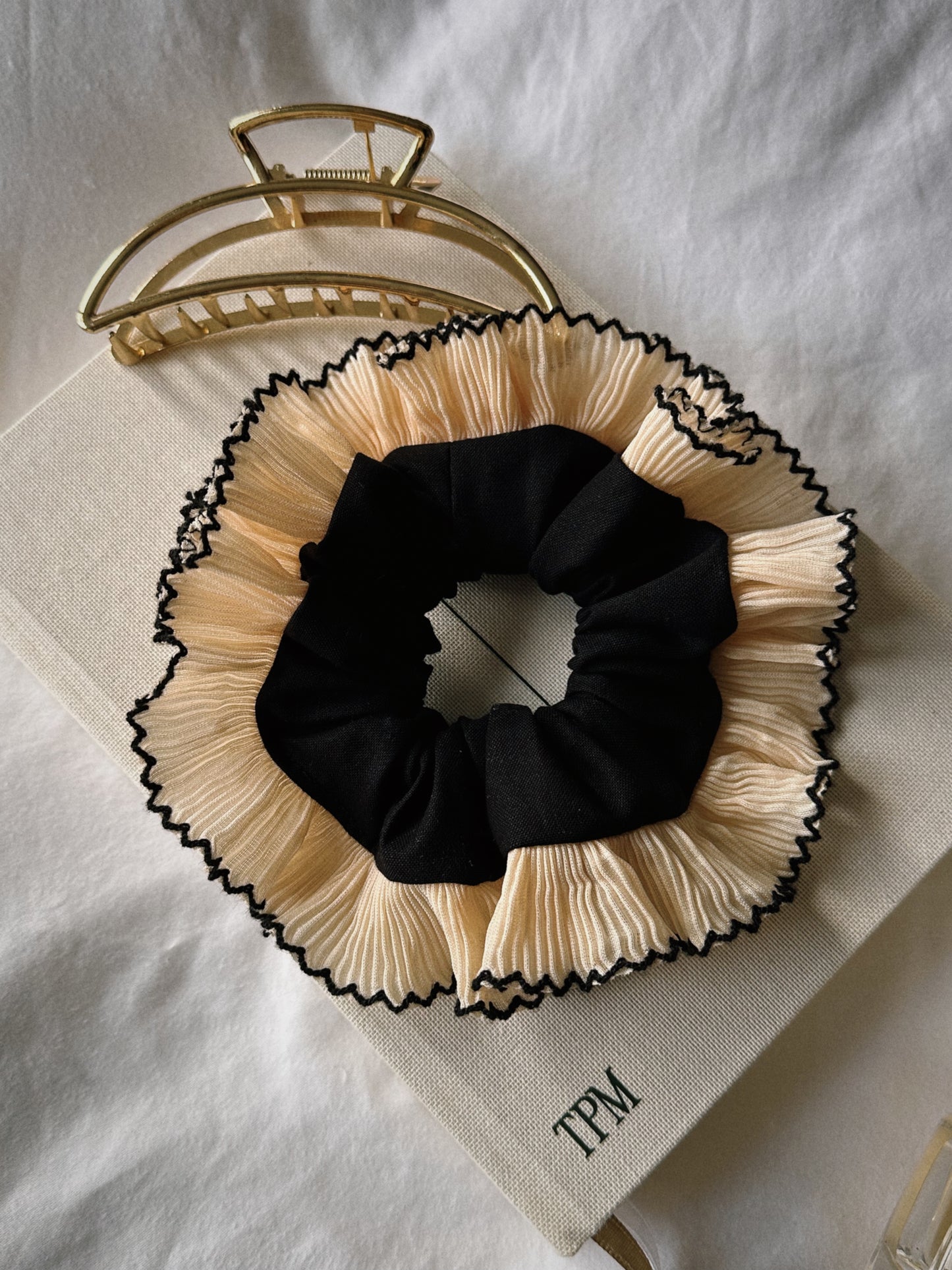 Smaller Oversized Black Scrunchie with Ivory and Black Frill Trim