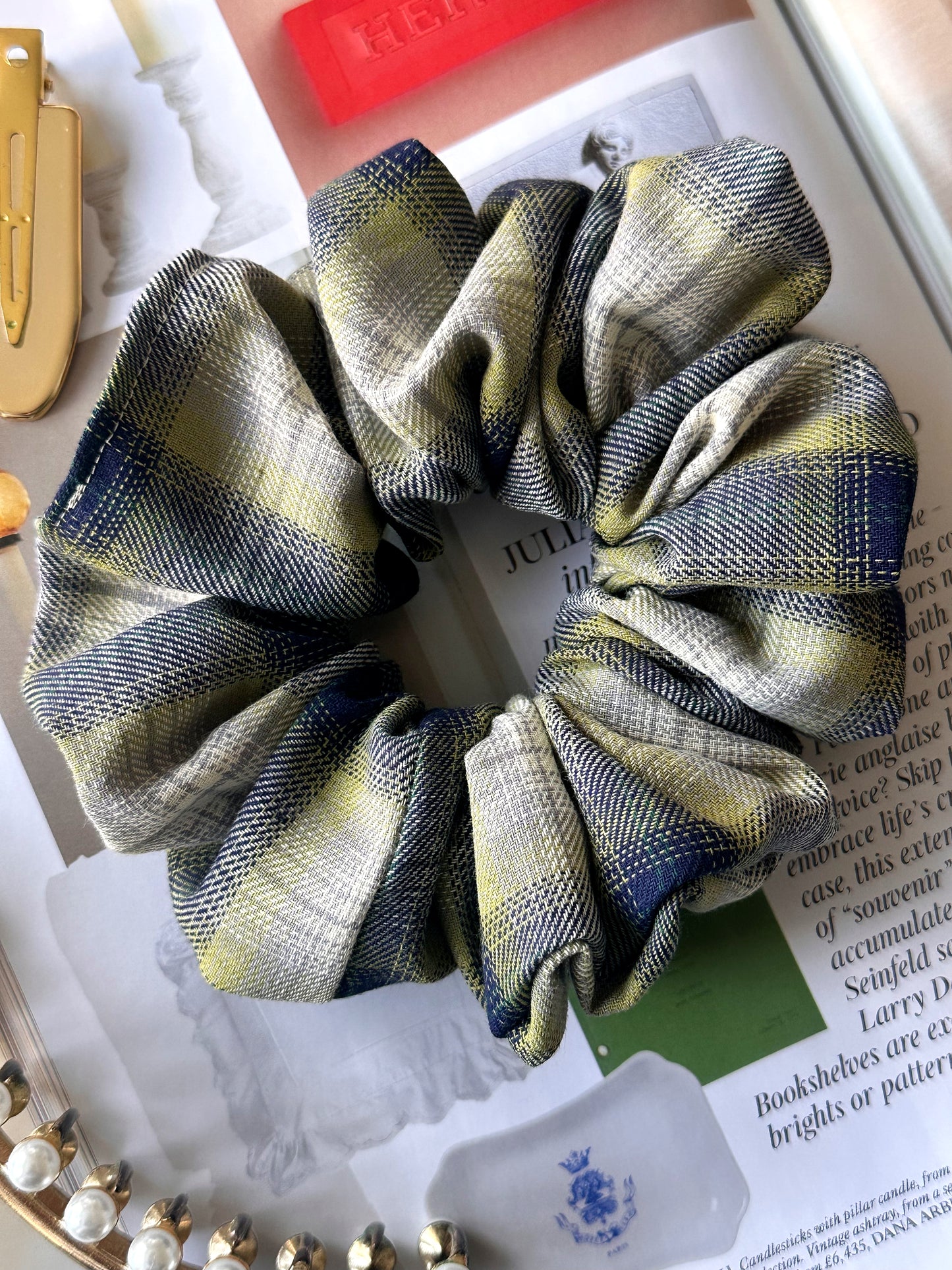 XL Green and Navy Tartan Scrunchie
