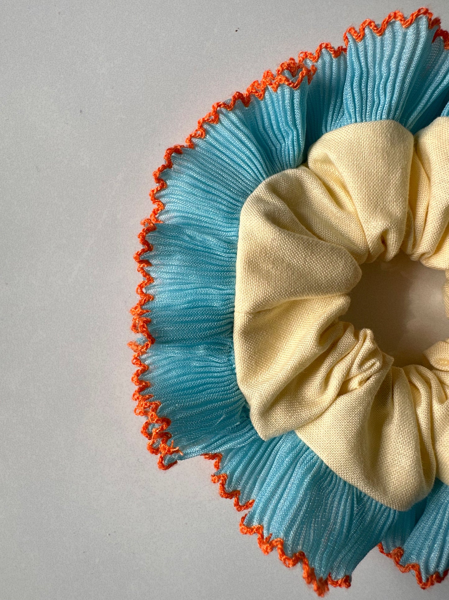 Mini Oversized Butter Yellow Scrunchie with Blue Frill Trim