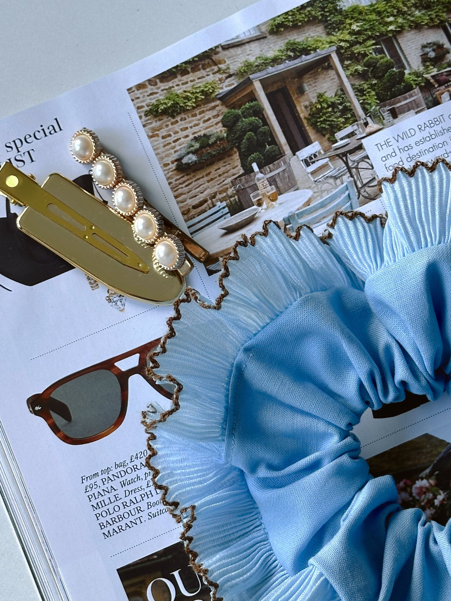 Handmade XL Light Blue Ruffle Scrunchie with Brown Trim