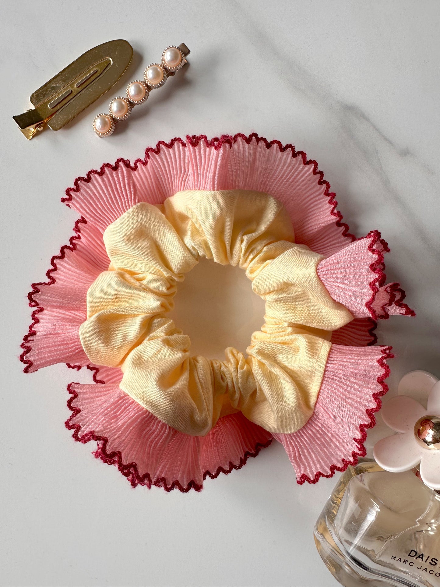 Handmade XL Butter Yellow and Pink Cotton Ruffle Scrunchie