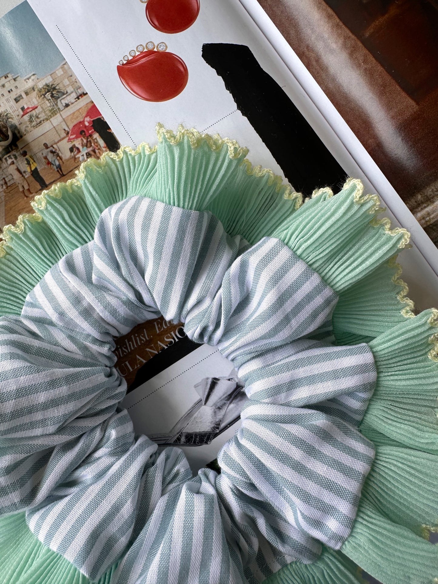 Blue Striped Scrunchie with Green and White Frill Trim