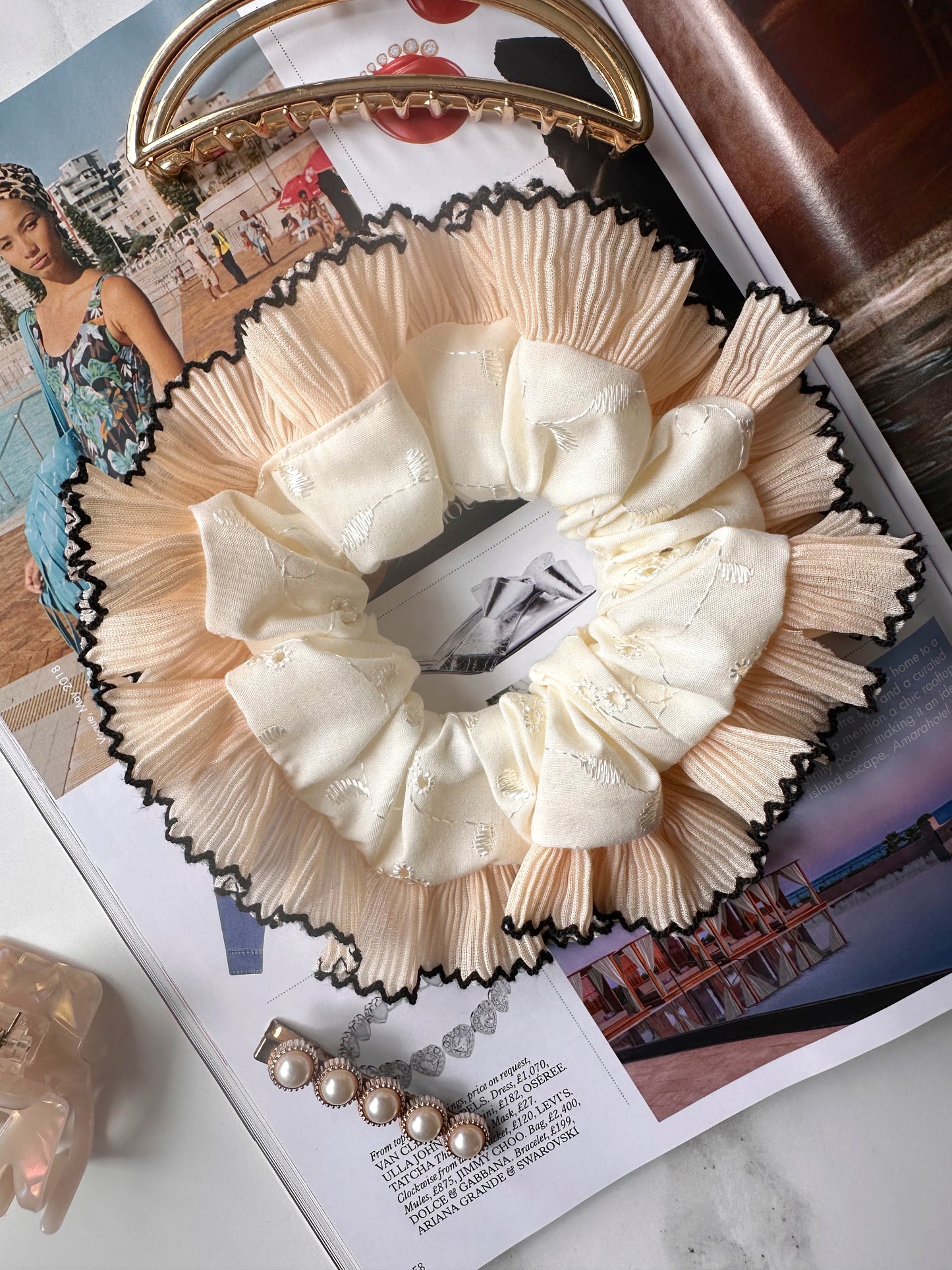 Cream Broderie Anglaise Scrunchie with Cream and Black Frill Trim
