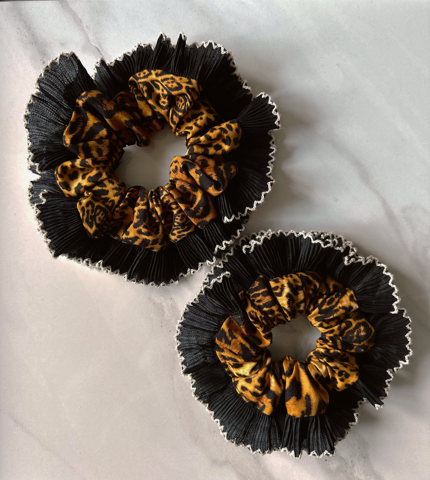 Handmade XL Leopard Print Scrunchie with Black Frill Trim