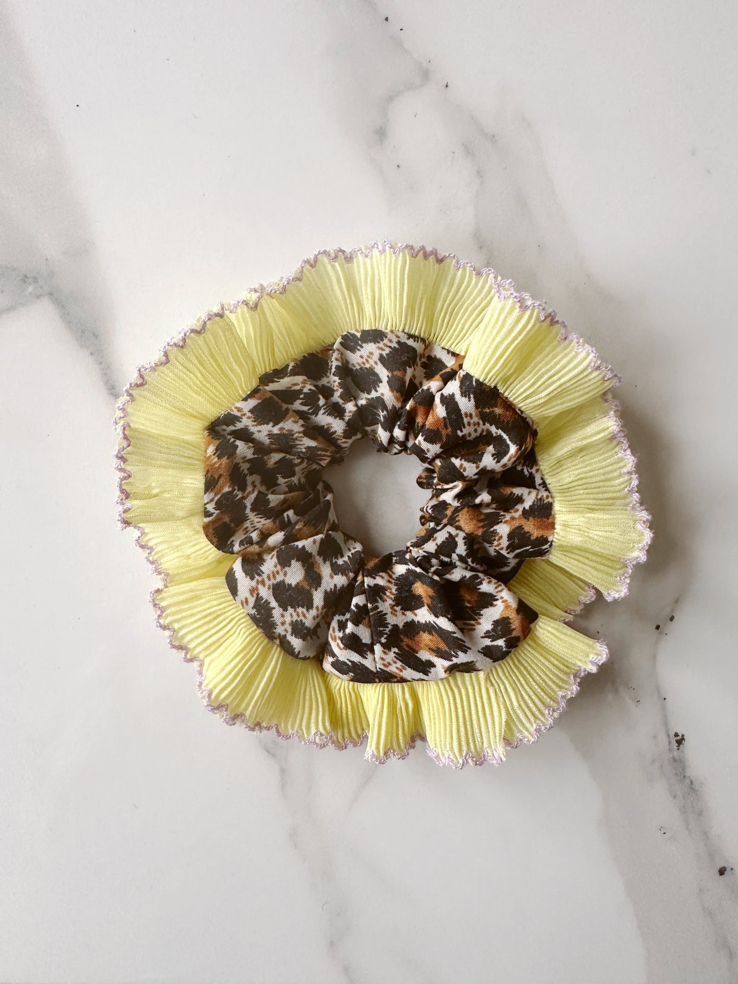 Mini Oversized Leopard Print Scrunchie with a Yellow Frill Trim