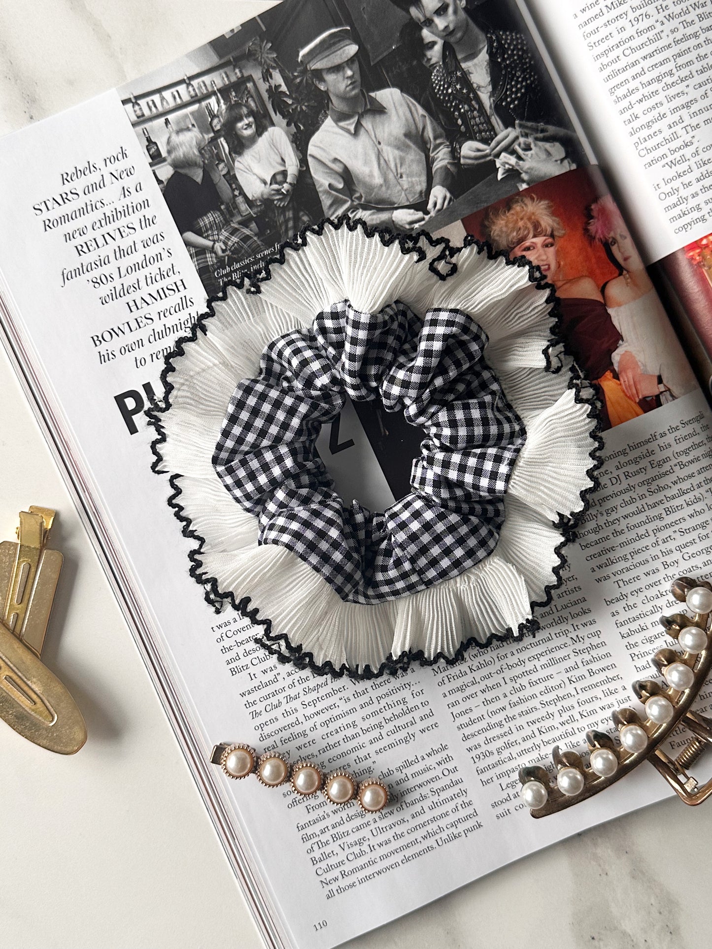 Mini Oversized Black Gingham Scrunchie with White Frill Trim