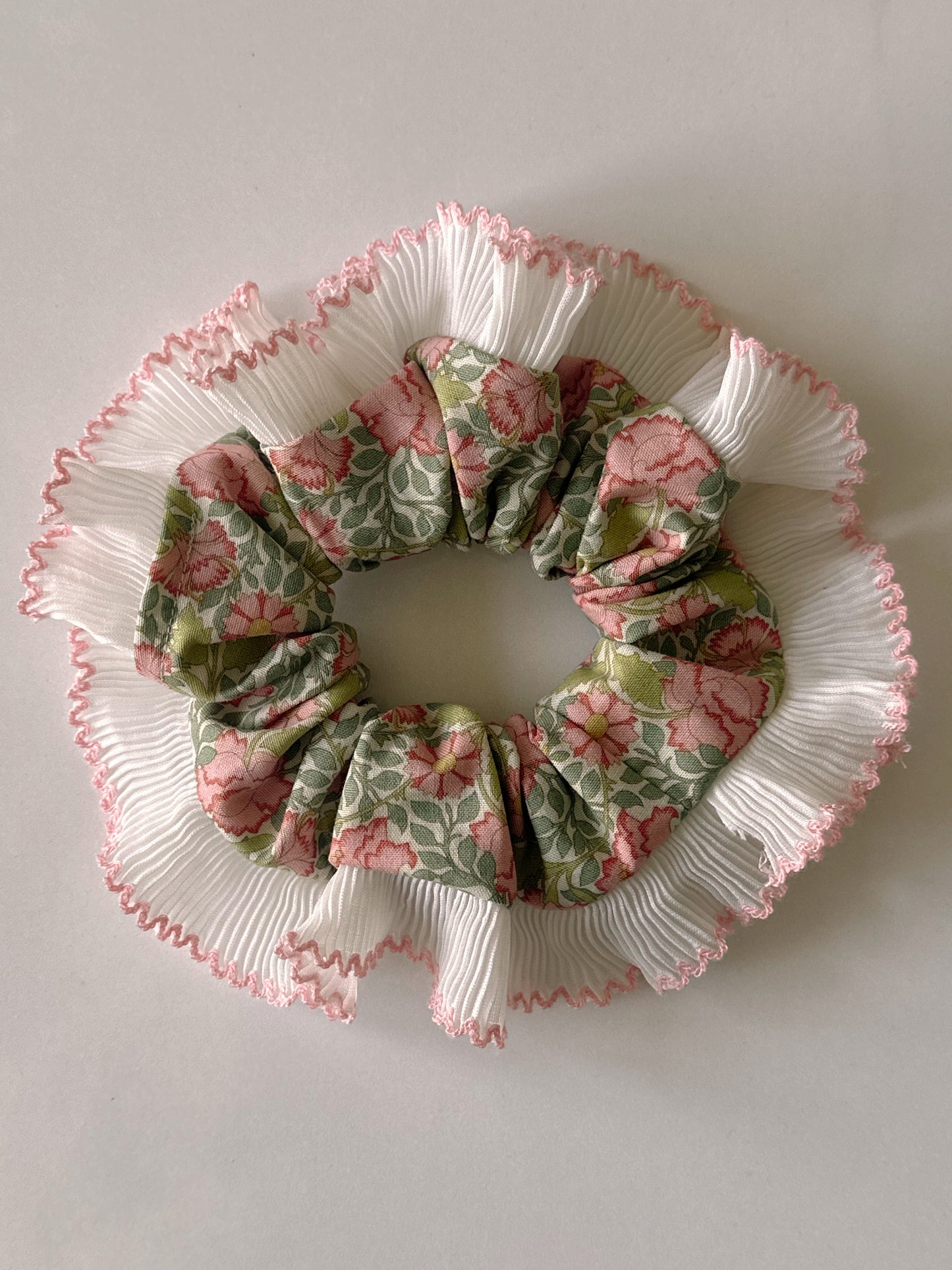 XL Victorian Floral Scrunchie with White and Pink Frill Trim