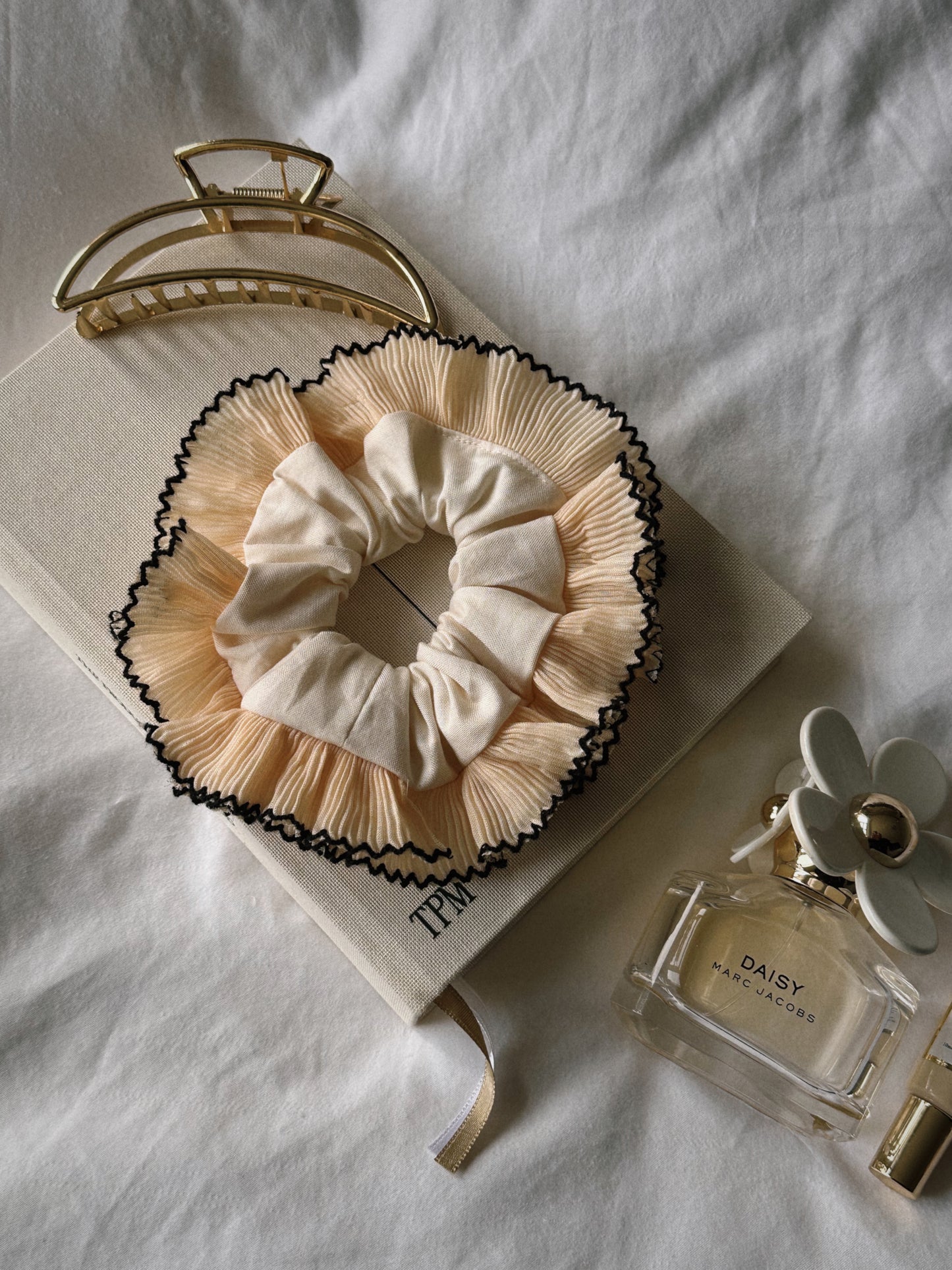 Smaller Oversized Ivory Scrunchie with Ivory and Black Frill Trim